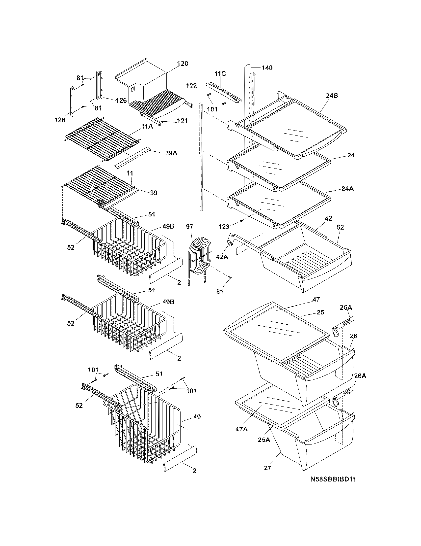 Frigidaire FRS26H5DSB5 shelves diagram
