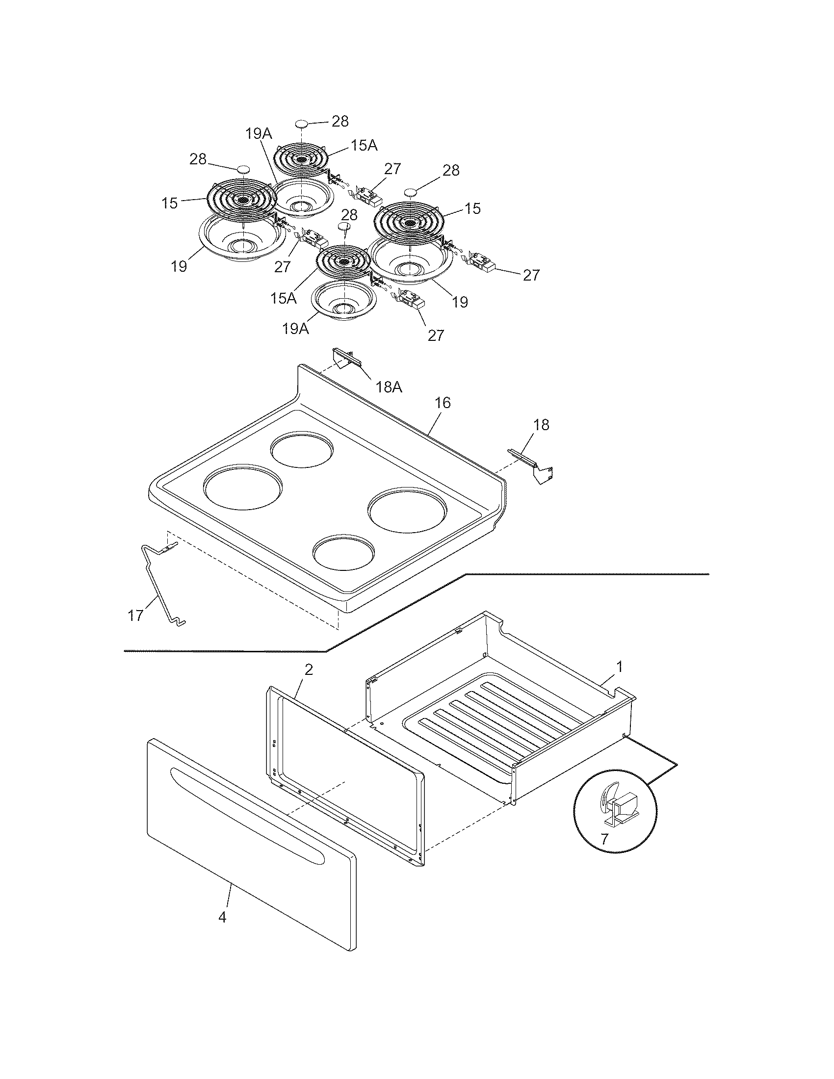 Frigidaire FEF329DBA top/drawer diagram