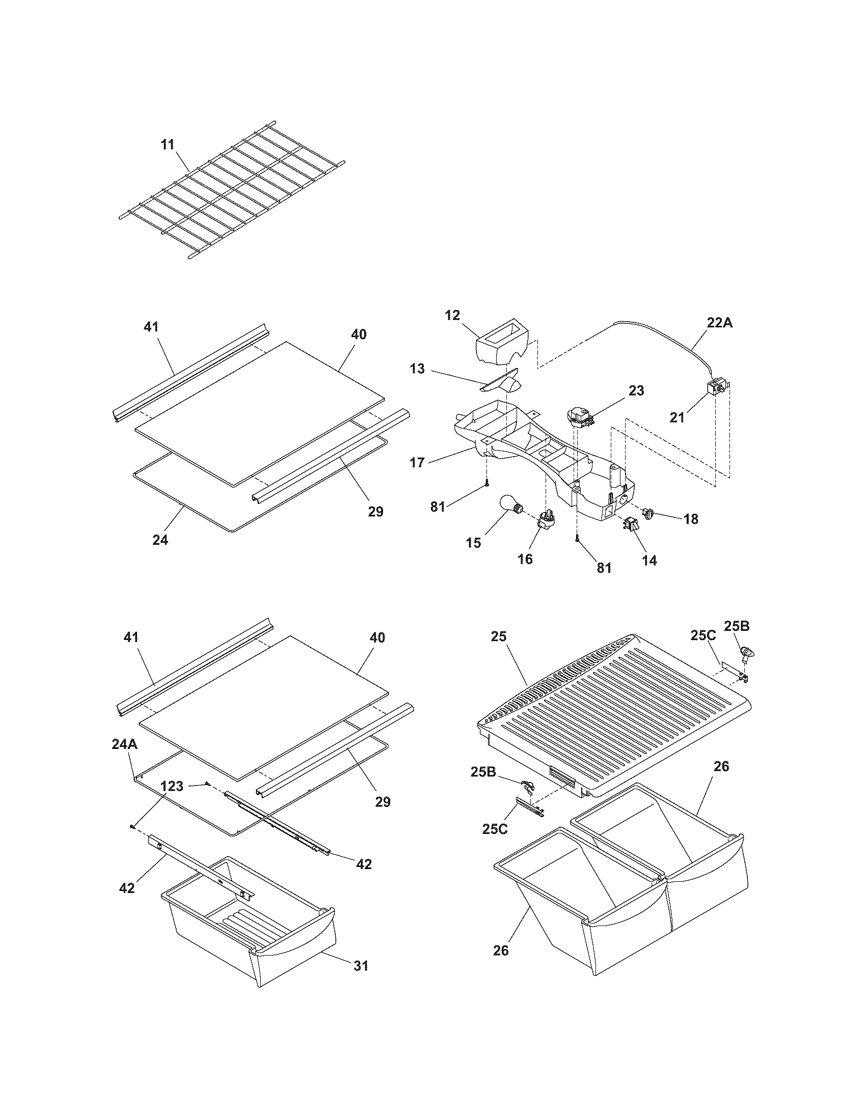 Frigidaire FRT17G4BW4 shelves diagram