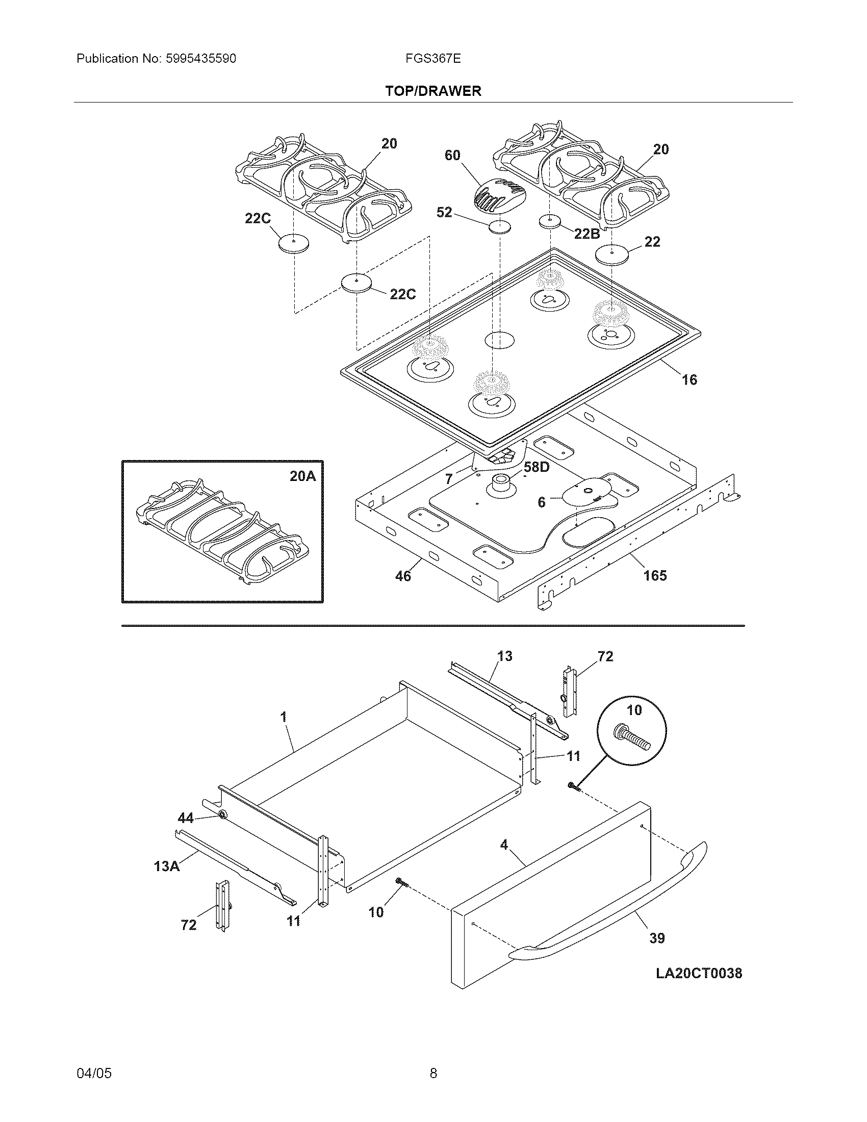 Frigidaire FGS367EBA top/drawer diagram