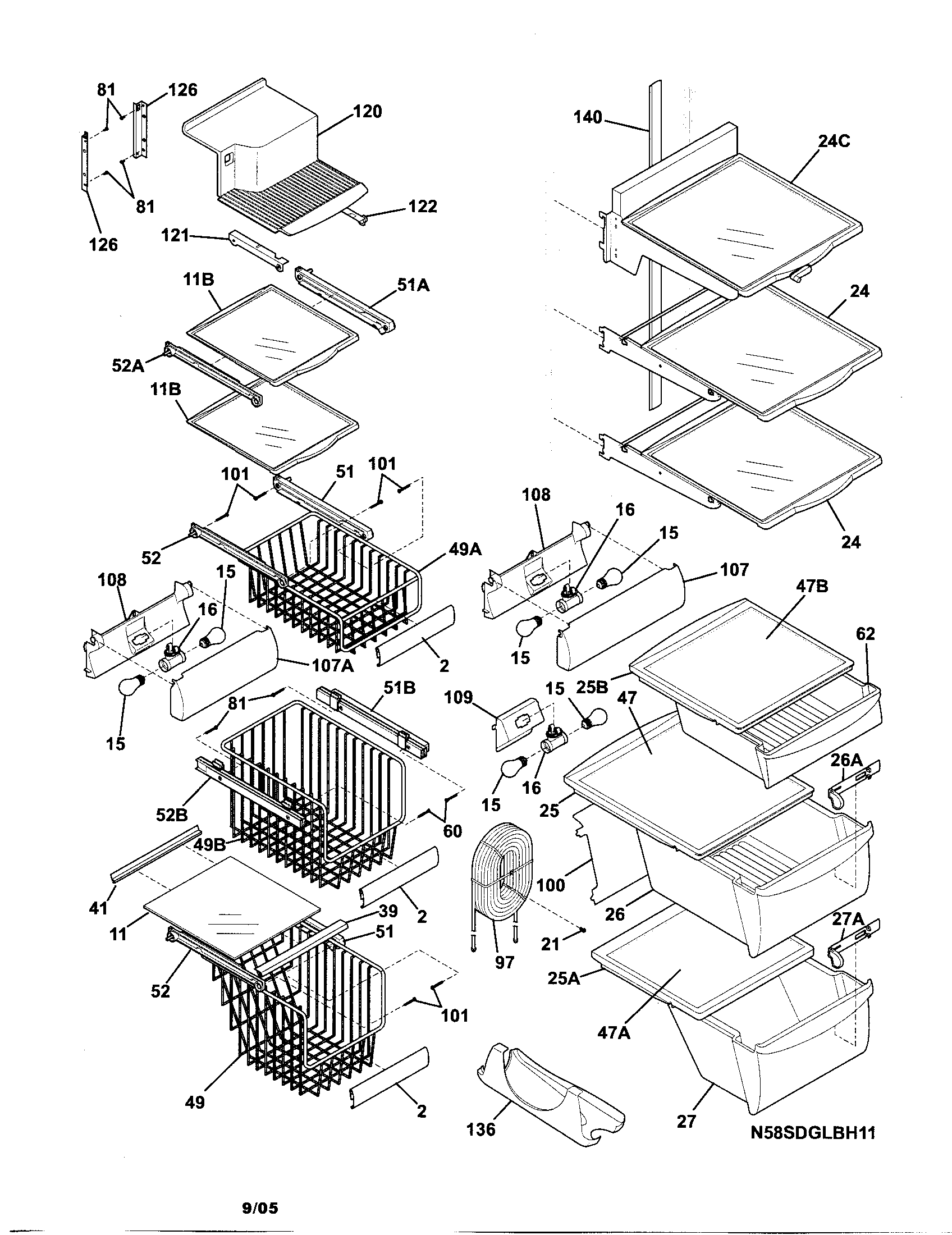 Kenmore Elite 25344393405 shelves diagram