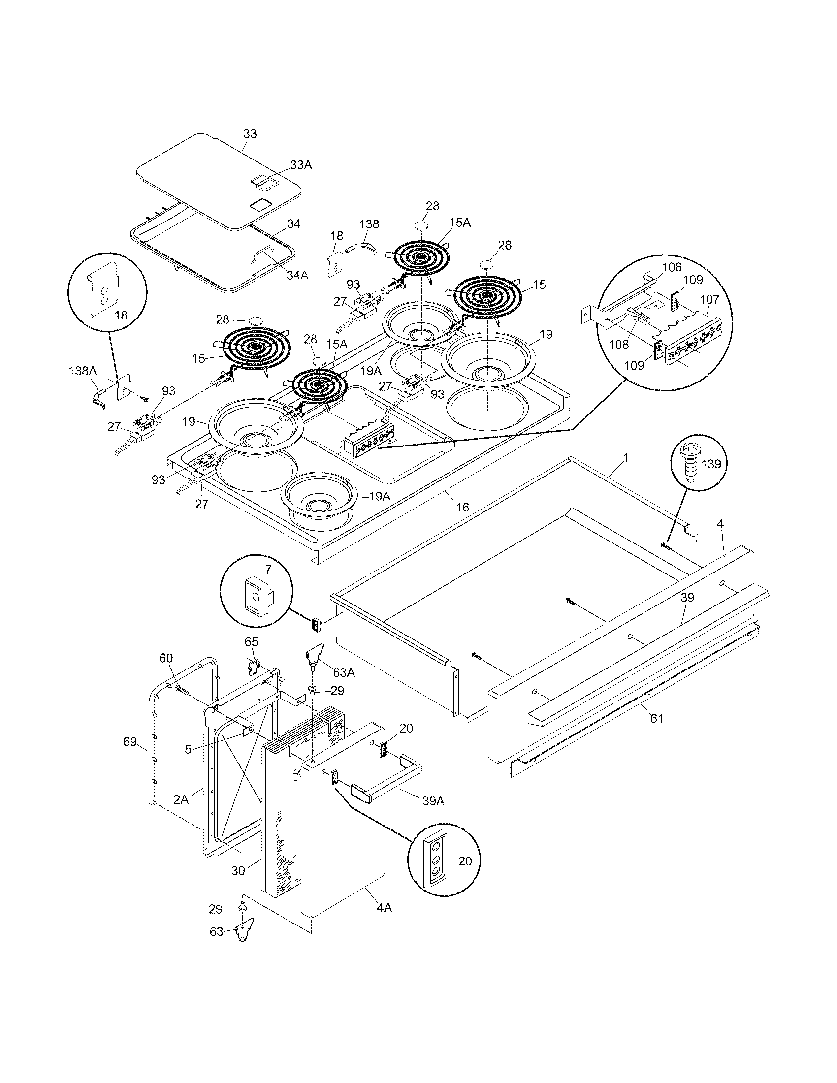 Frigidaire FEF455BBE top/drawer/small door diagram