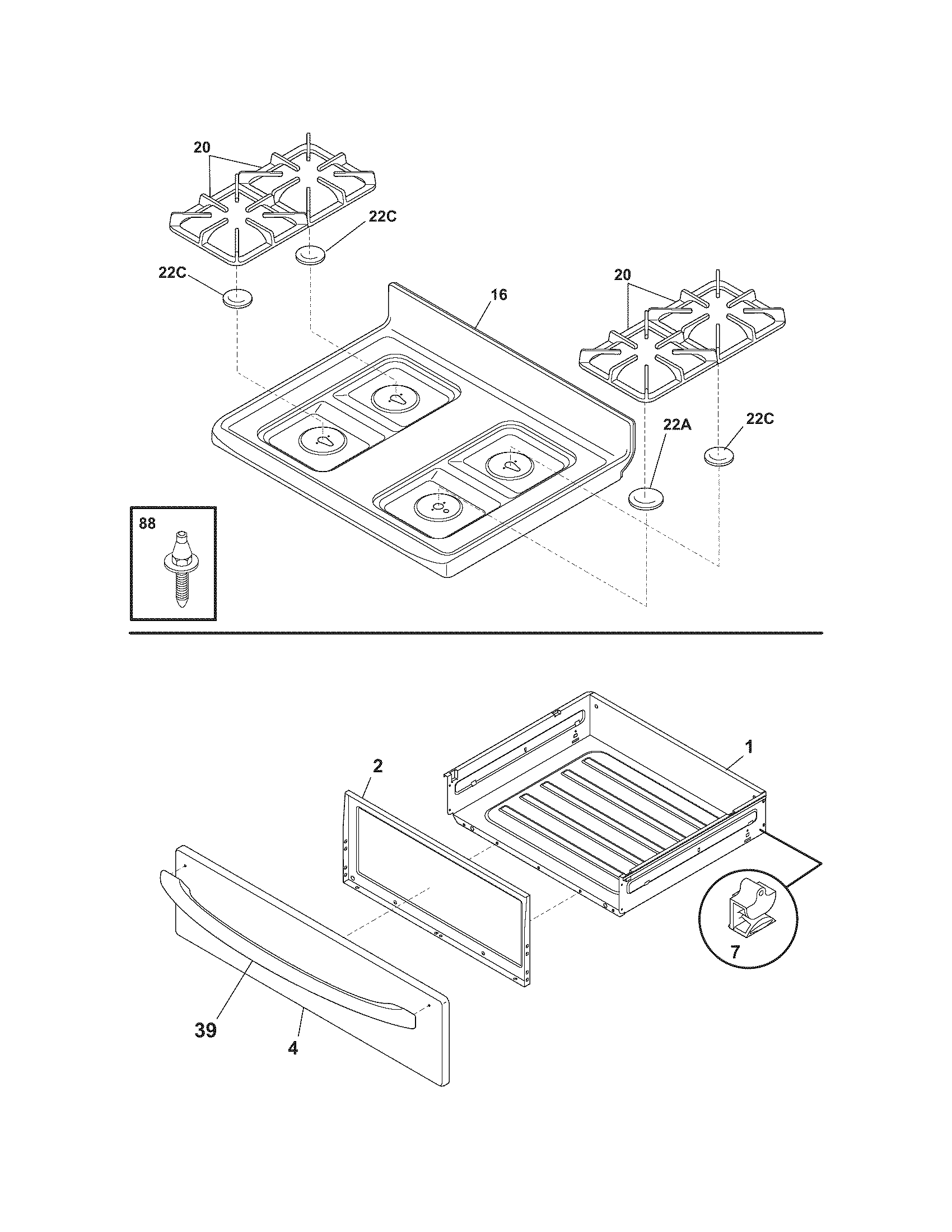 Frigidaire FGF366DCE top/drawer diagram