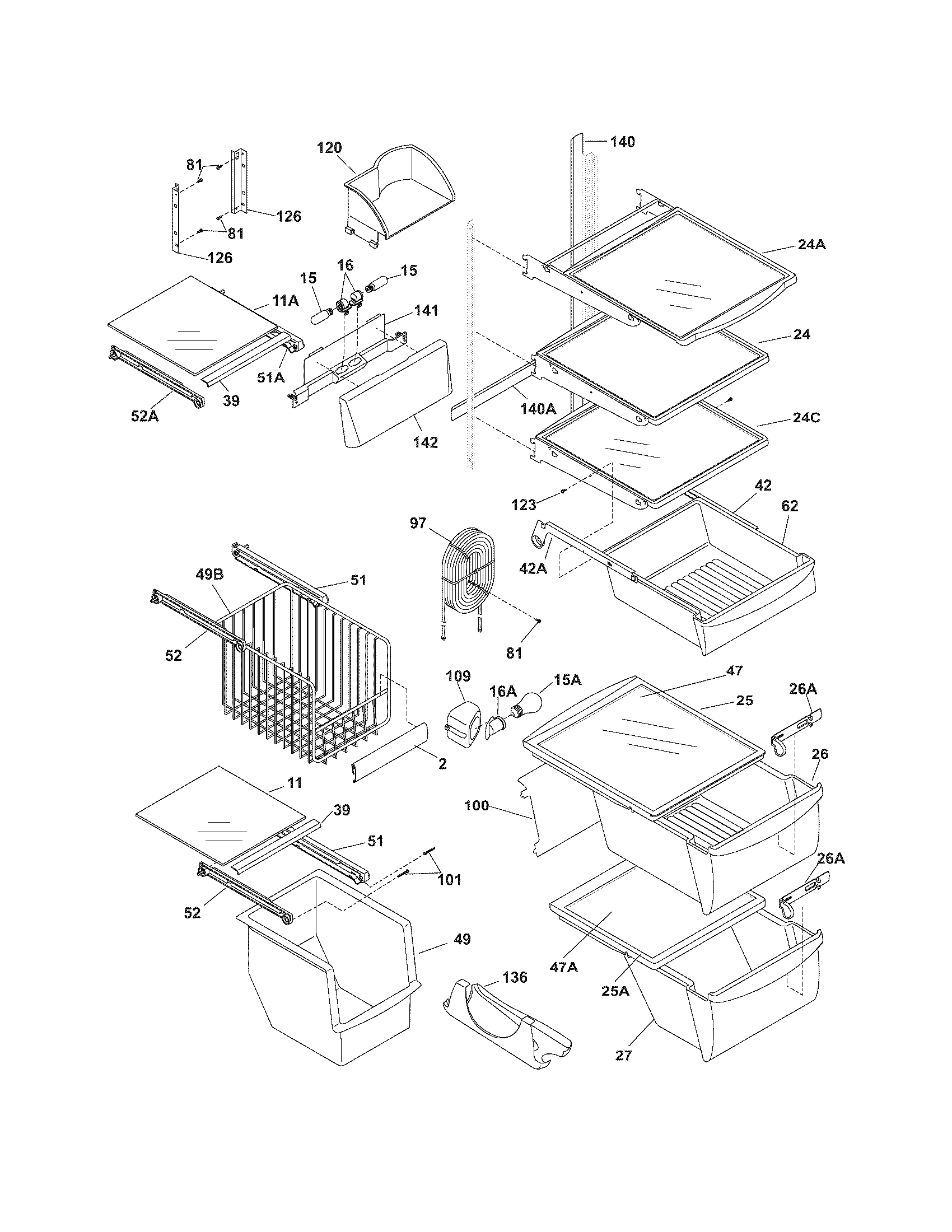 Frigidaire FRS23H7CSB5 shelves diagram