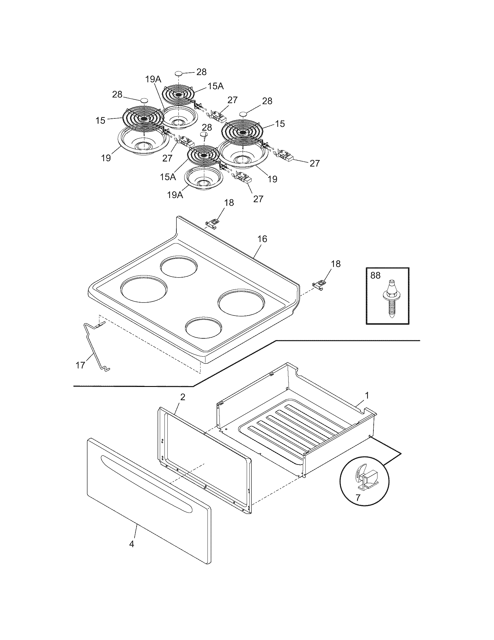 Frigidaire FEF326ABL top/drawer diagram