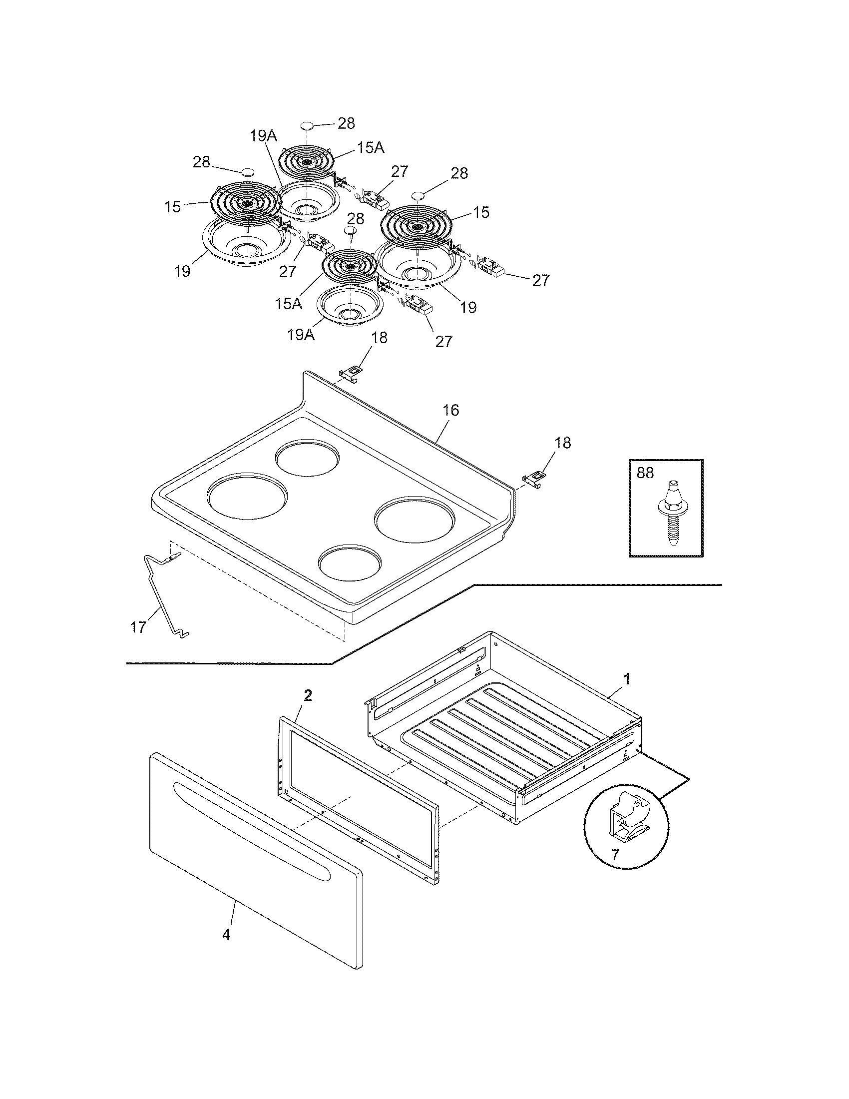 Tappan TEF351EWA top/drawer diagram