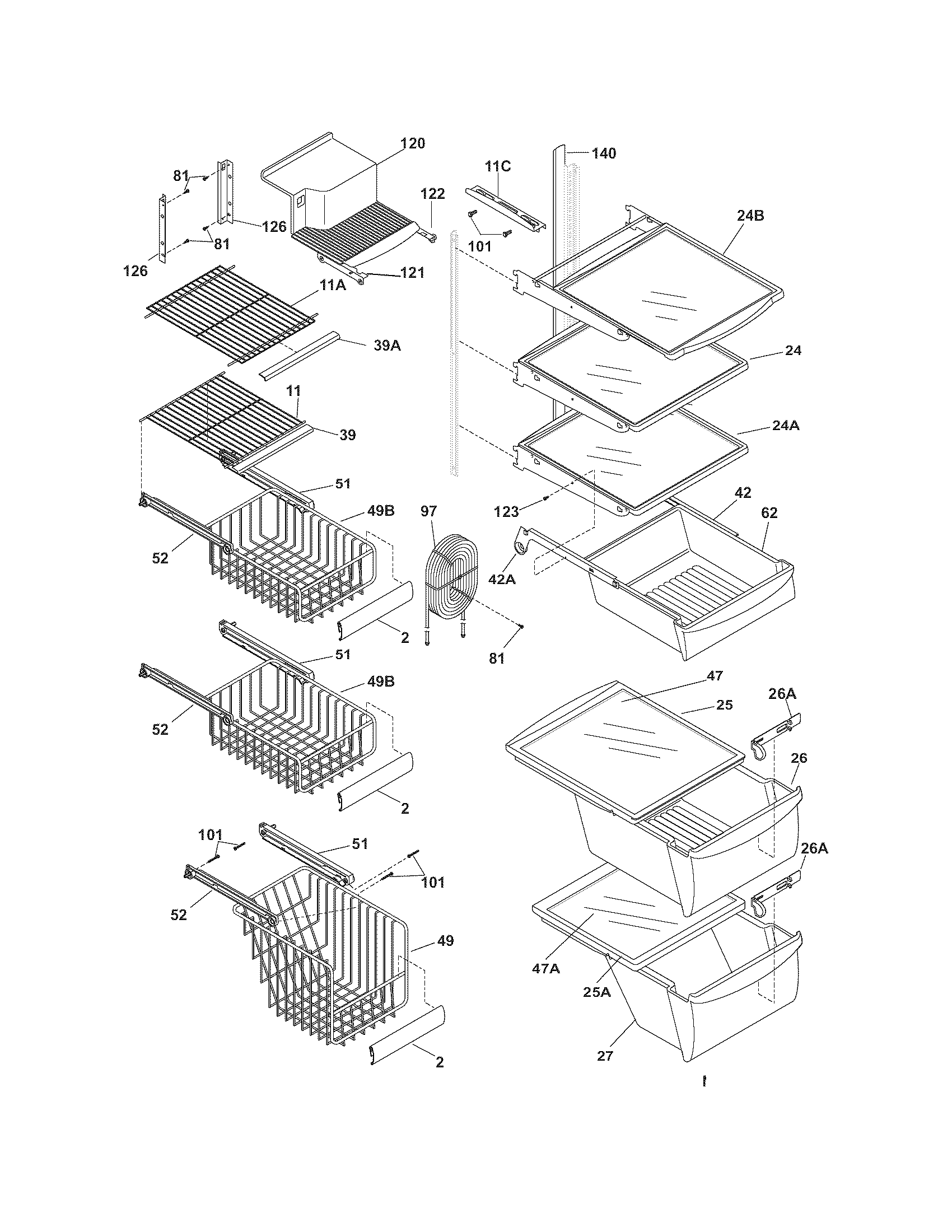 Frigidaire FRS26H5DSBN shelves diagram