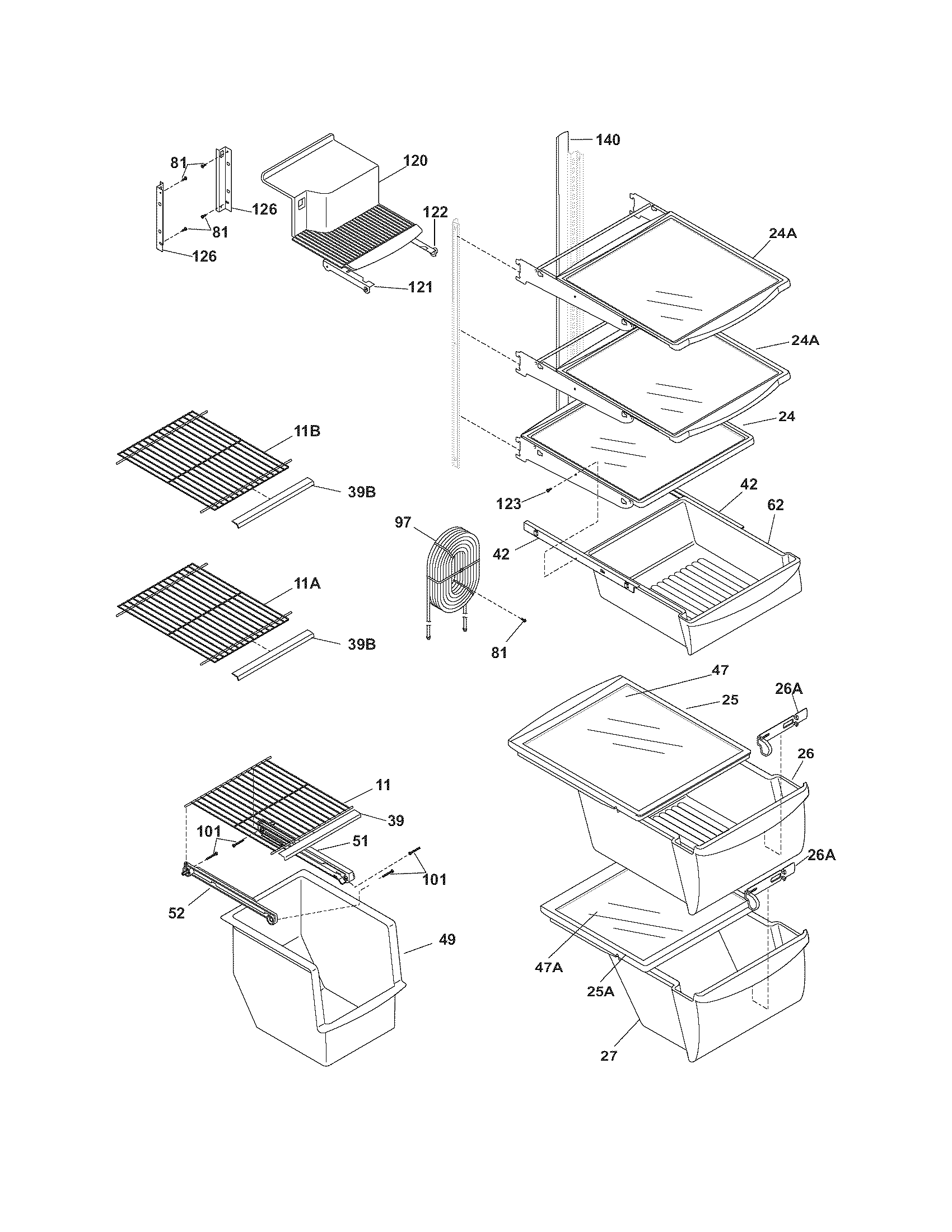 Frigidaire FRS23KF5DW7 shelves diagram