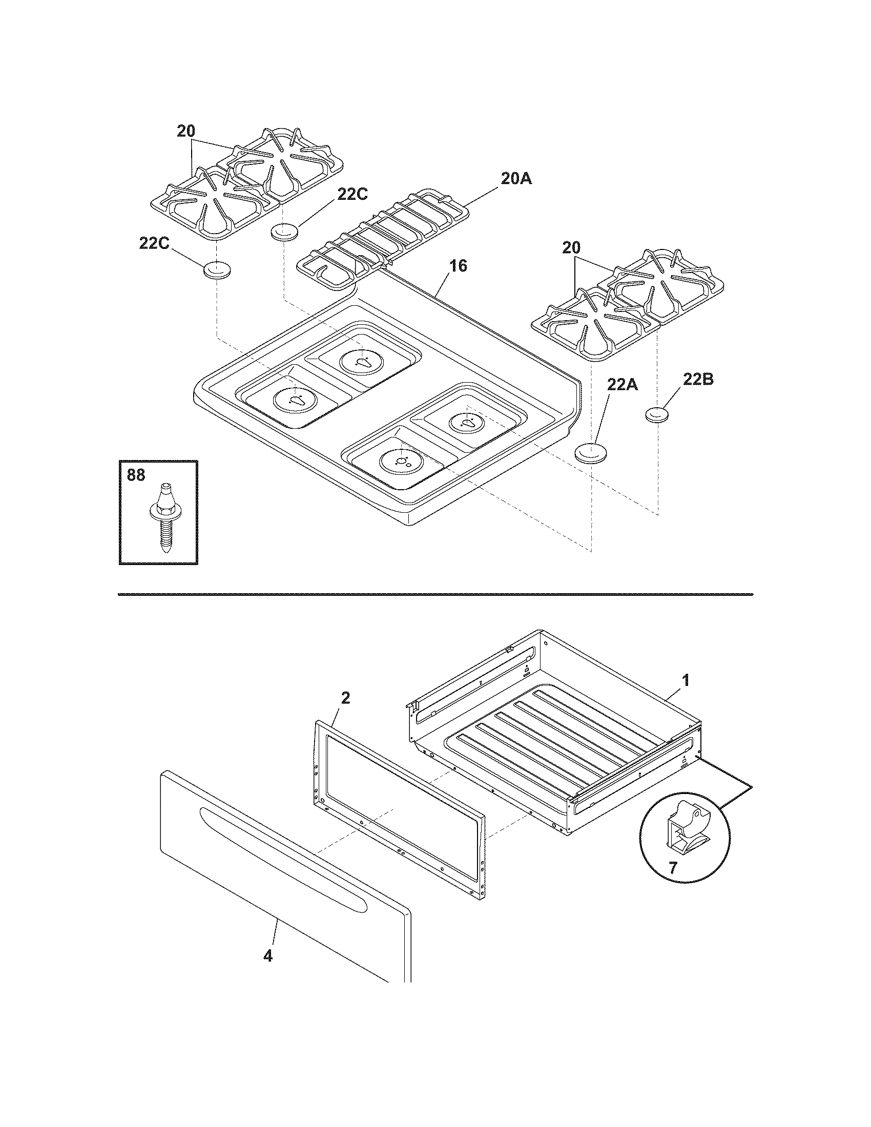 Frigidaire FGFB75DQE top/drawer diagram