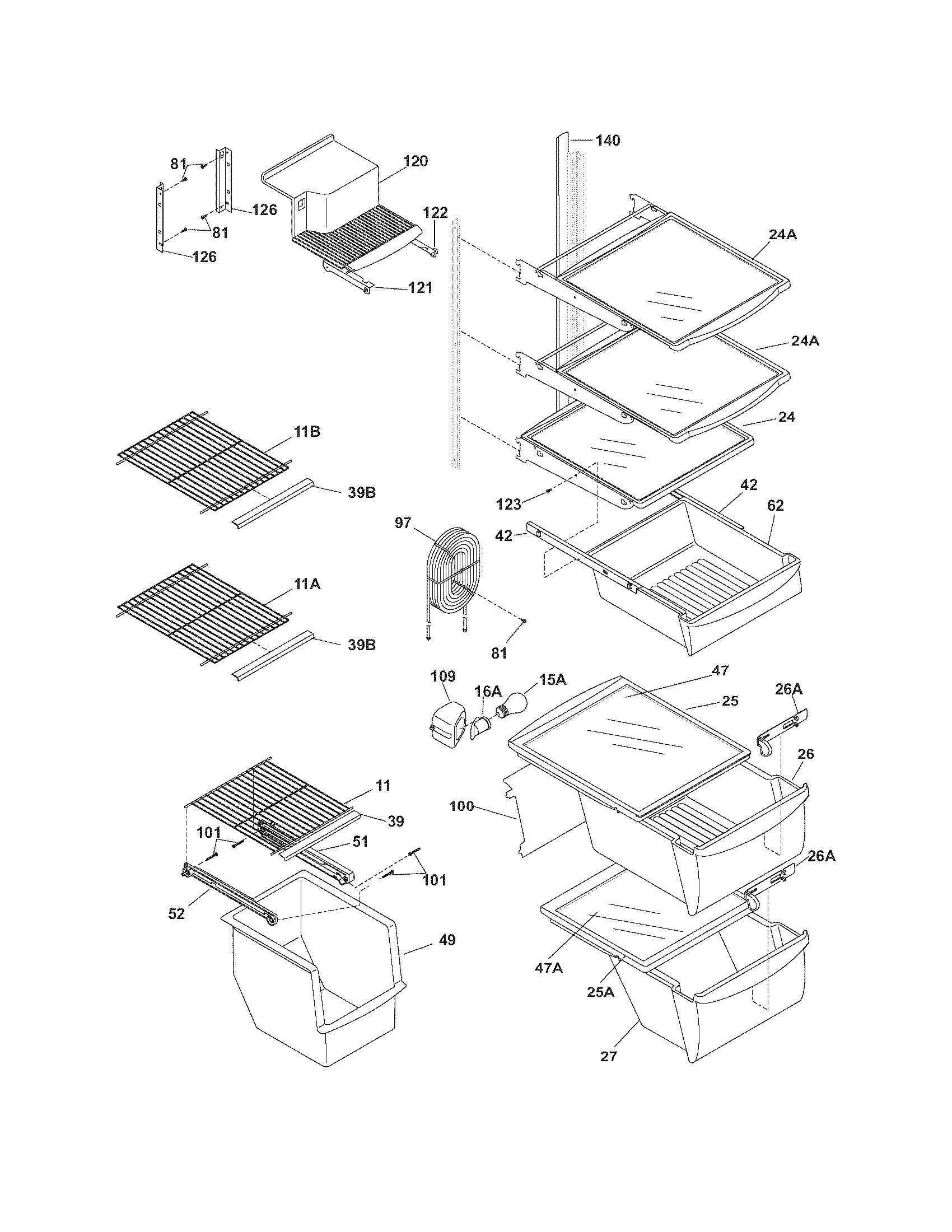 Frigidaire FRS26KF5DB7 shelves diagram