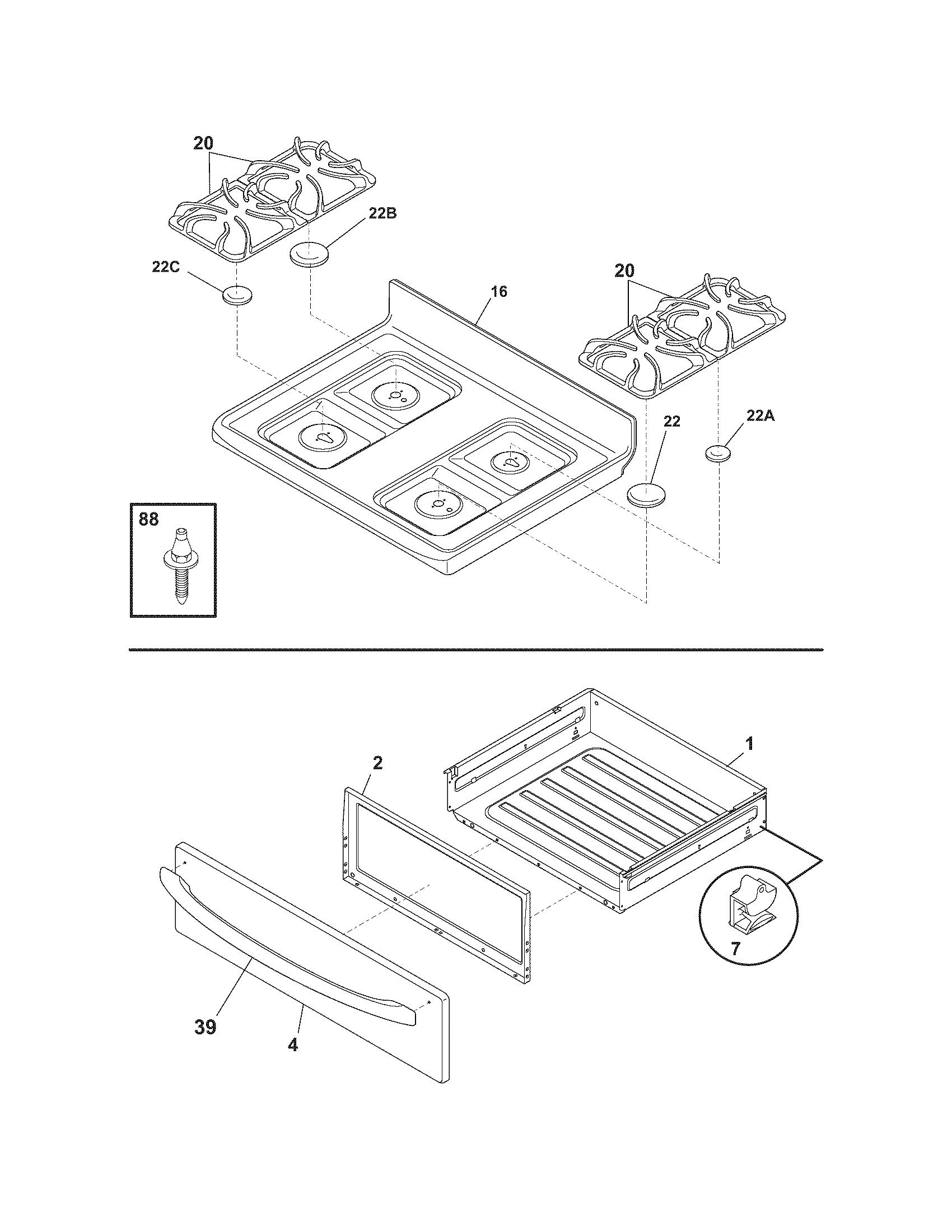 Frigidaire GLGFS75DCE top/drawer diagram