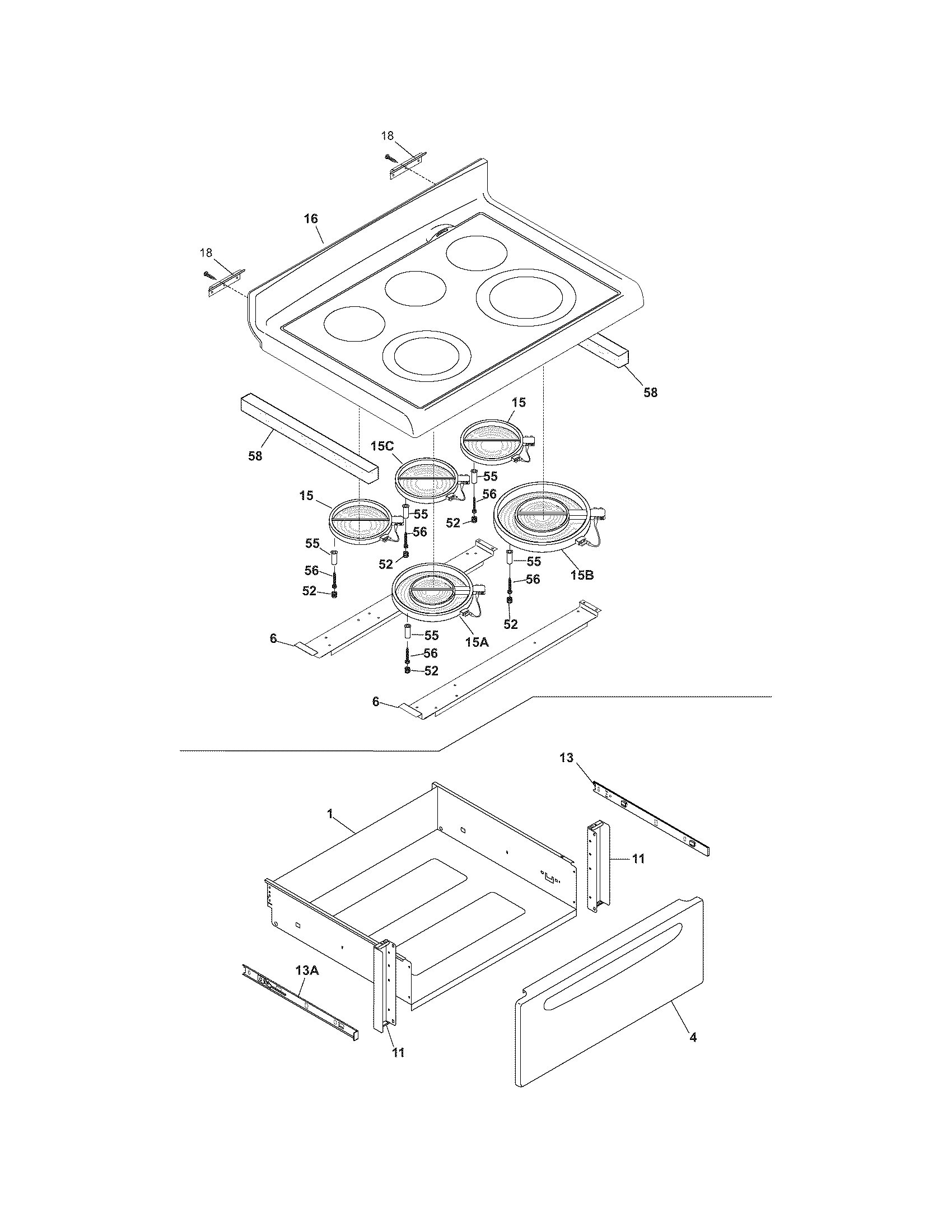 Frigidaire PGLEF385EB1 top/drawer diagram
