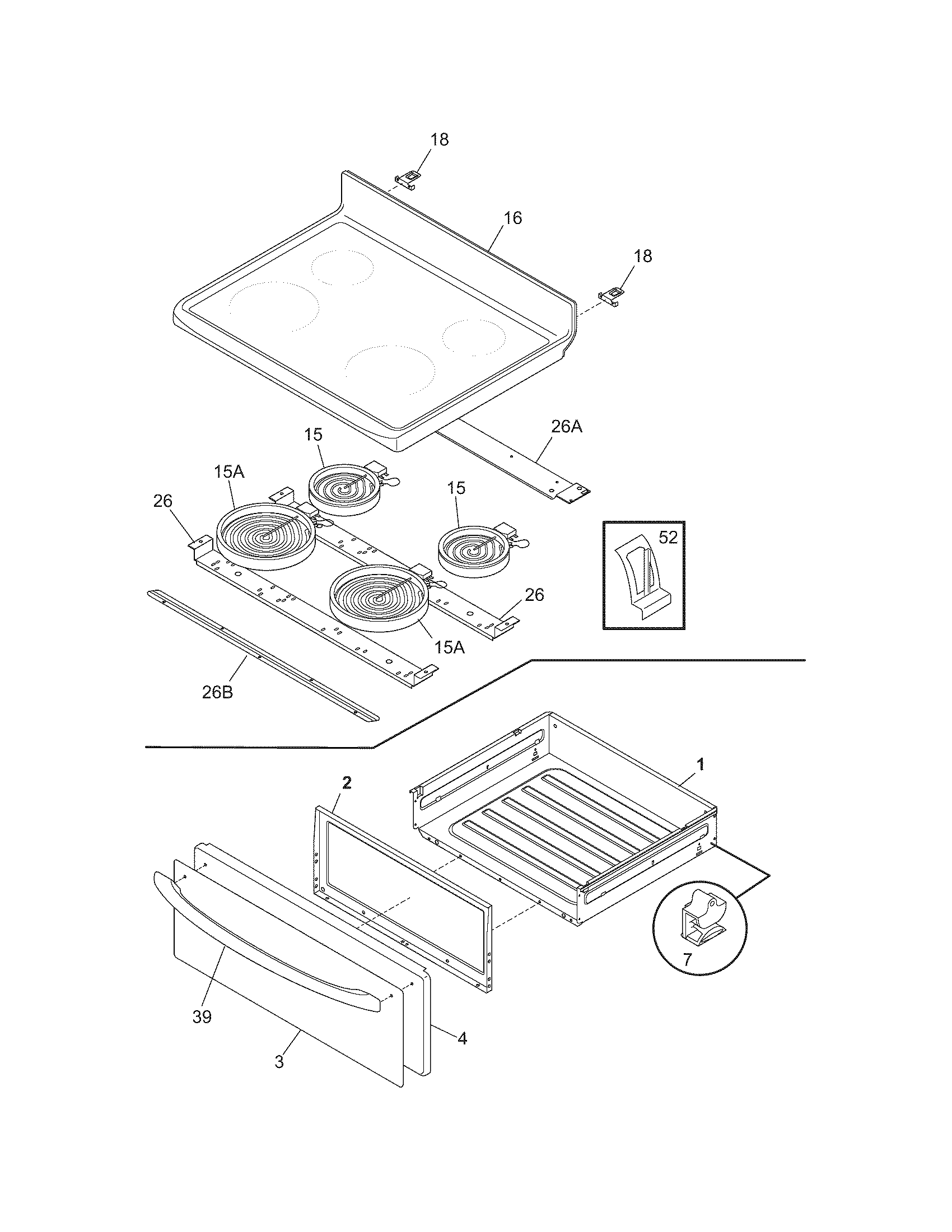 Frigidaire FEF366ECB top/drawer diagram