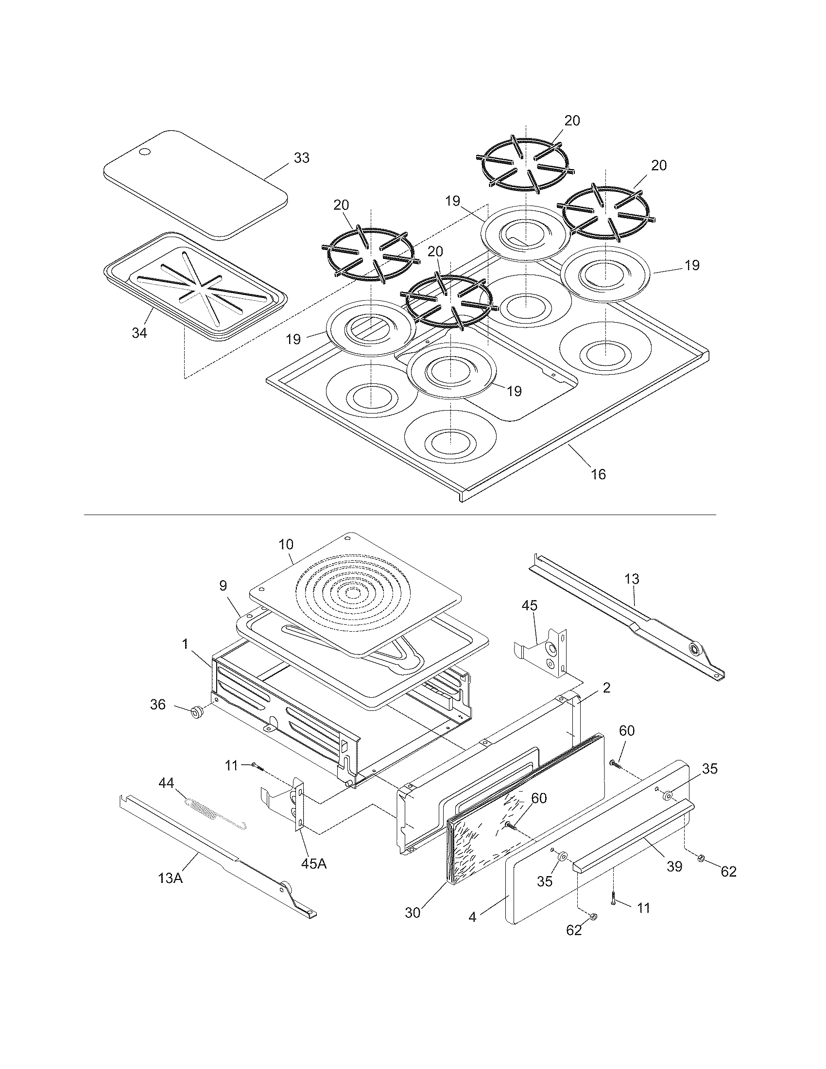 Tappan TGF605EW1 top/drawer diagram