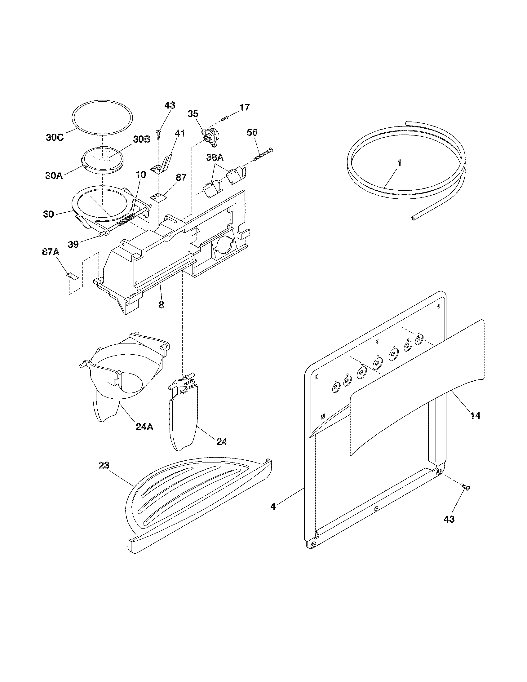 White-Westinghouse WRS23MW3AWR ice & water dispenser diagram