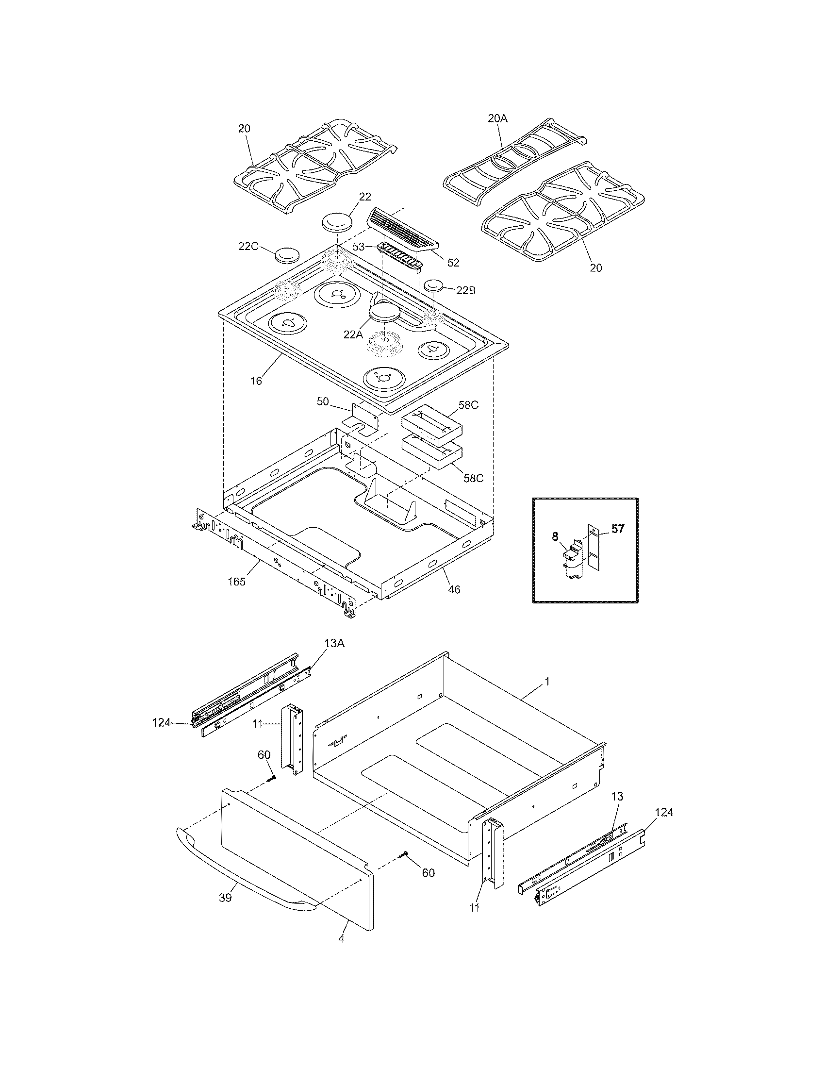 Frigidaire FGS366ECB top/drawer diagram