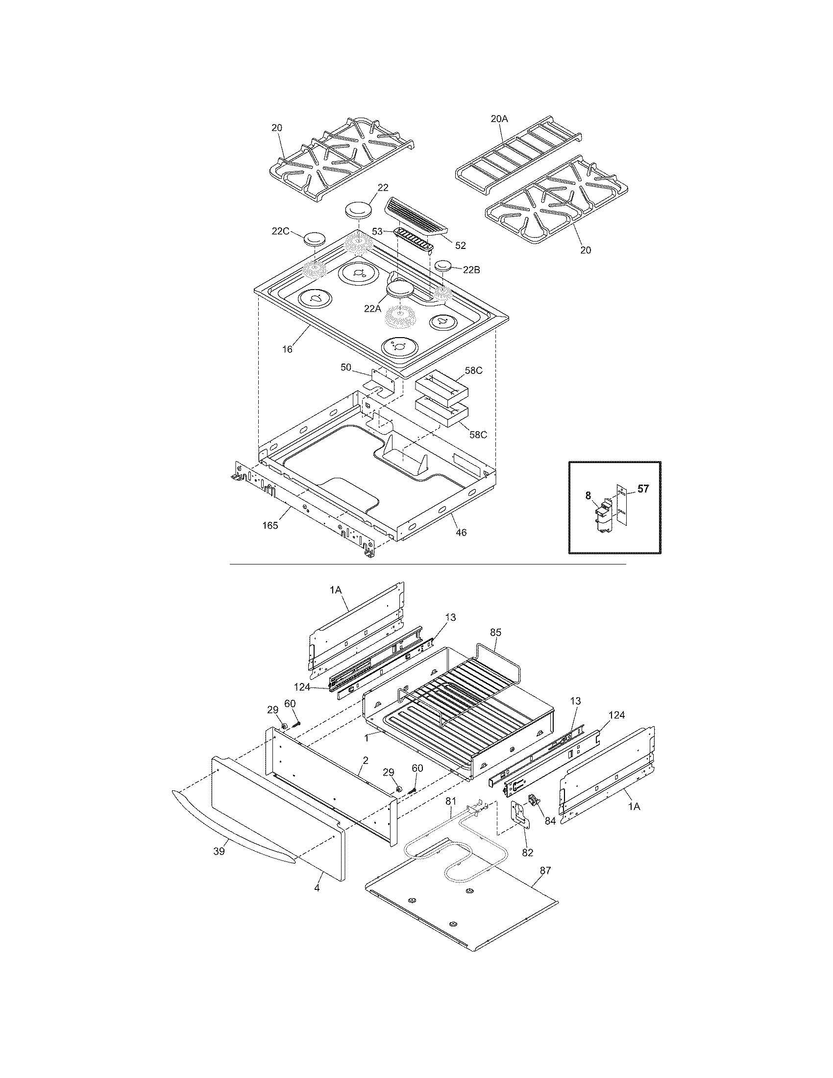 Frigidaire CPGS389EC1 top/drawer diagram