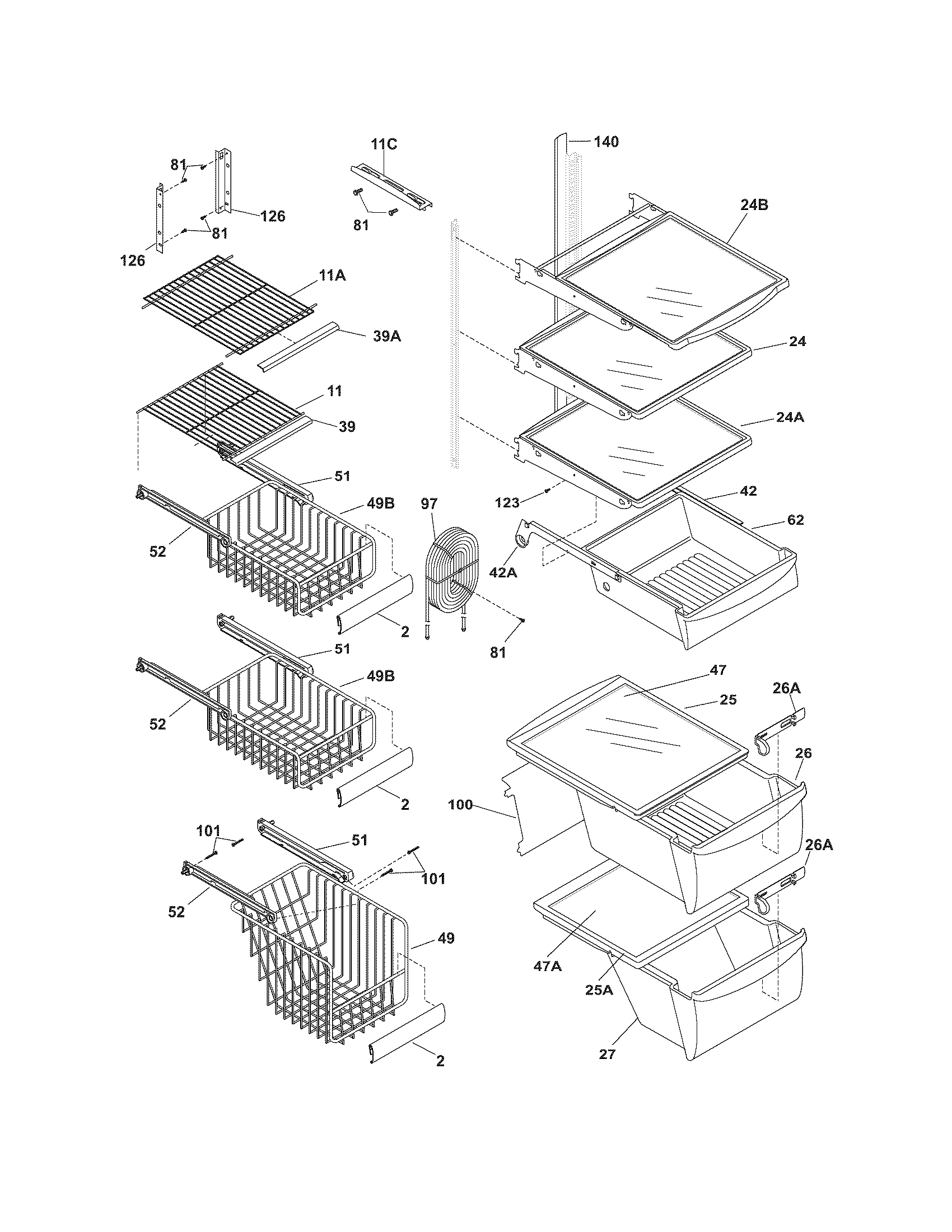 White-Westinghouse WRS26MF5AWF shelves diagram