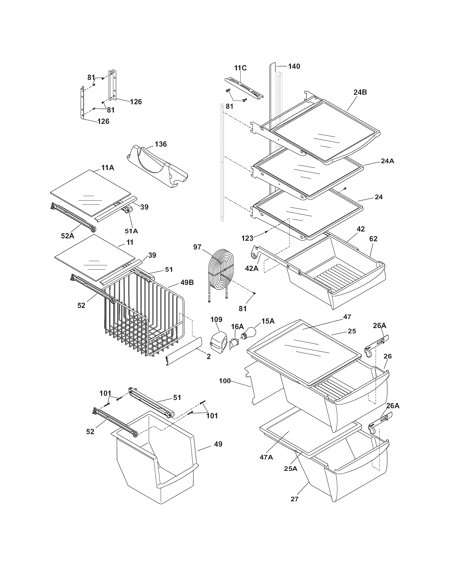 Frigidaire FRS6L7EFS0 shelves diagram