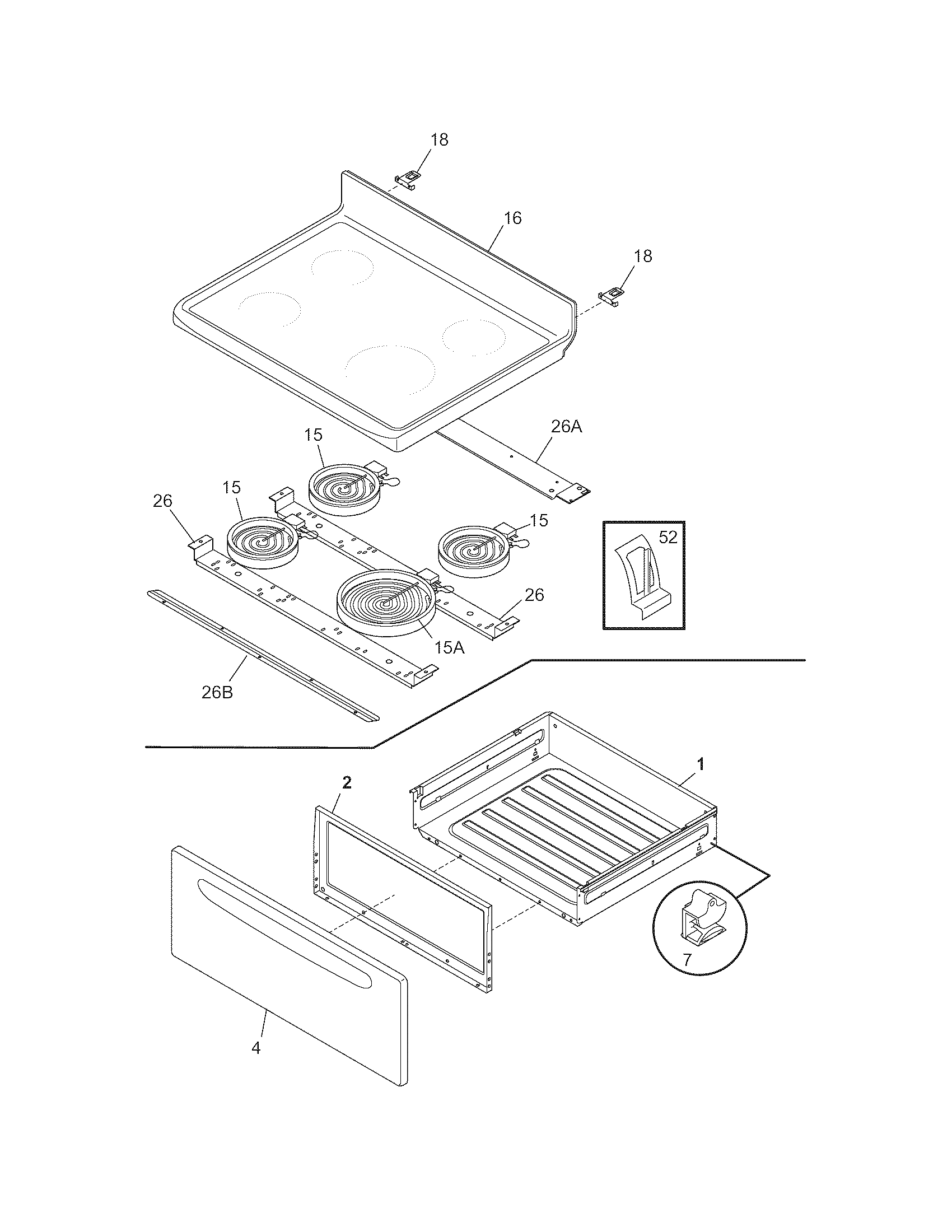 Tappan TEF361ESC top/drawer diagram