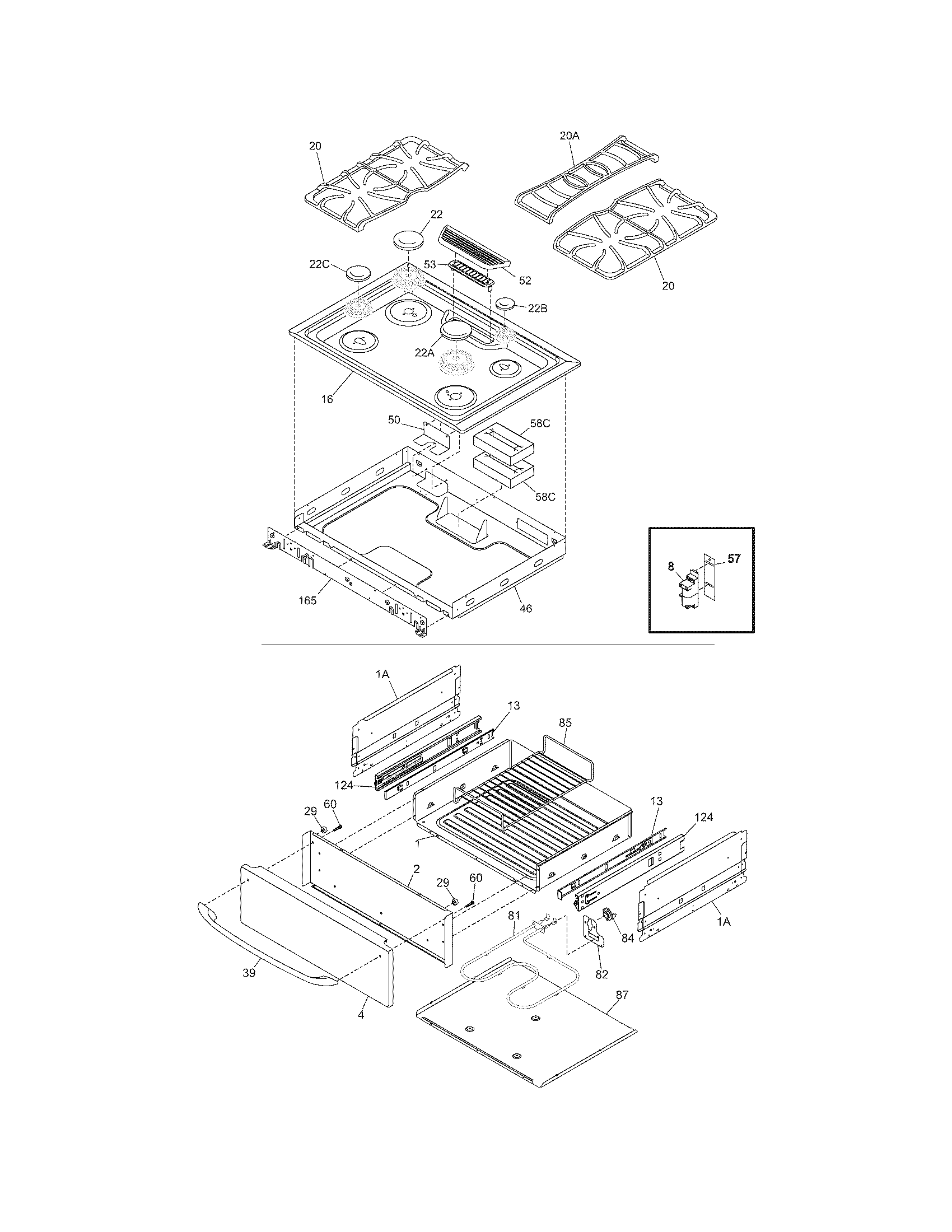 Frigidaire GLGS389ESB top/drawer diagram
