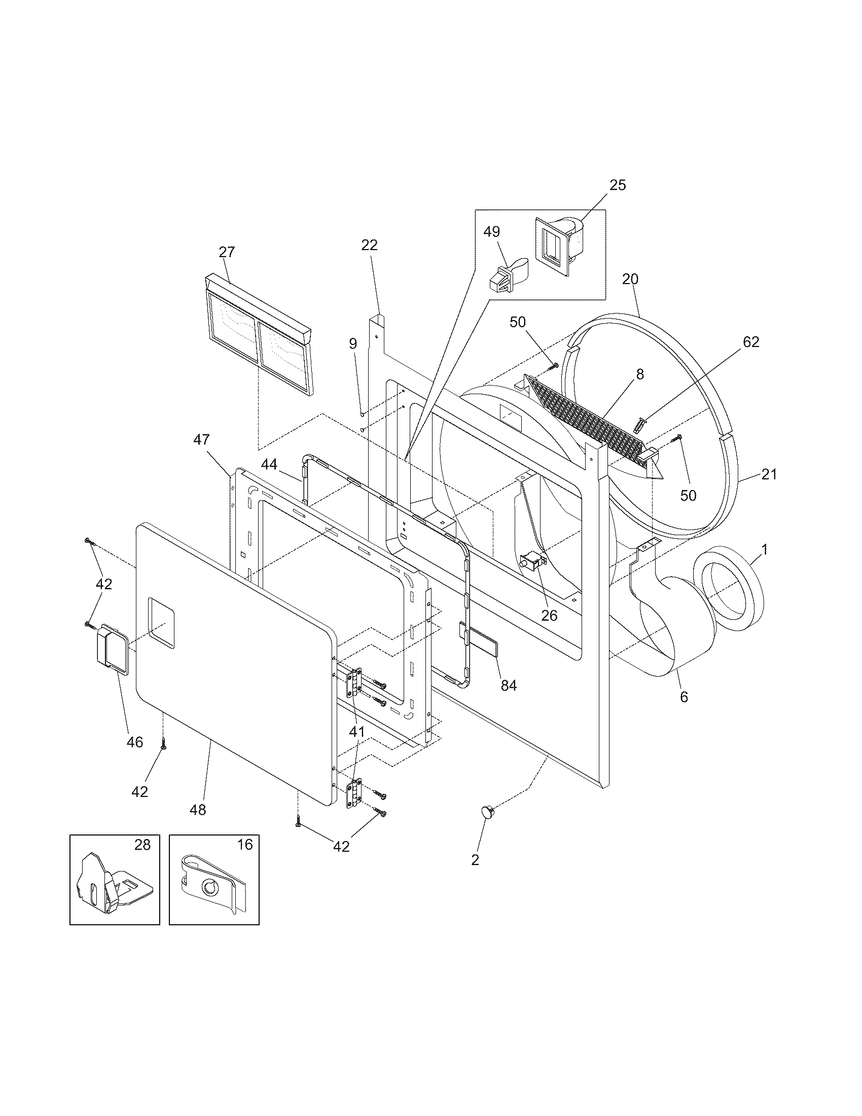 Frigidaire FCGD3000ES0 front panel/lint filter diagram