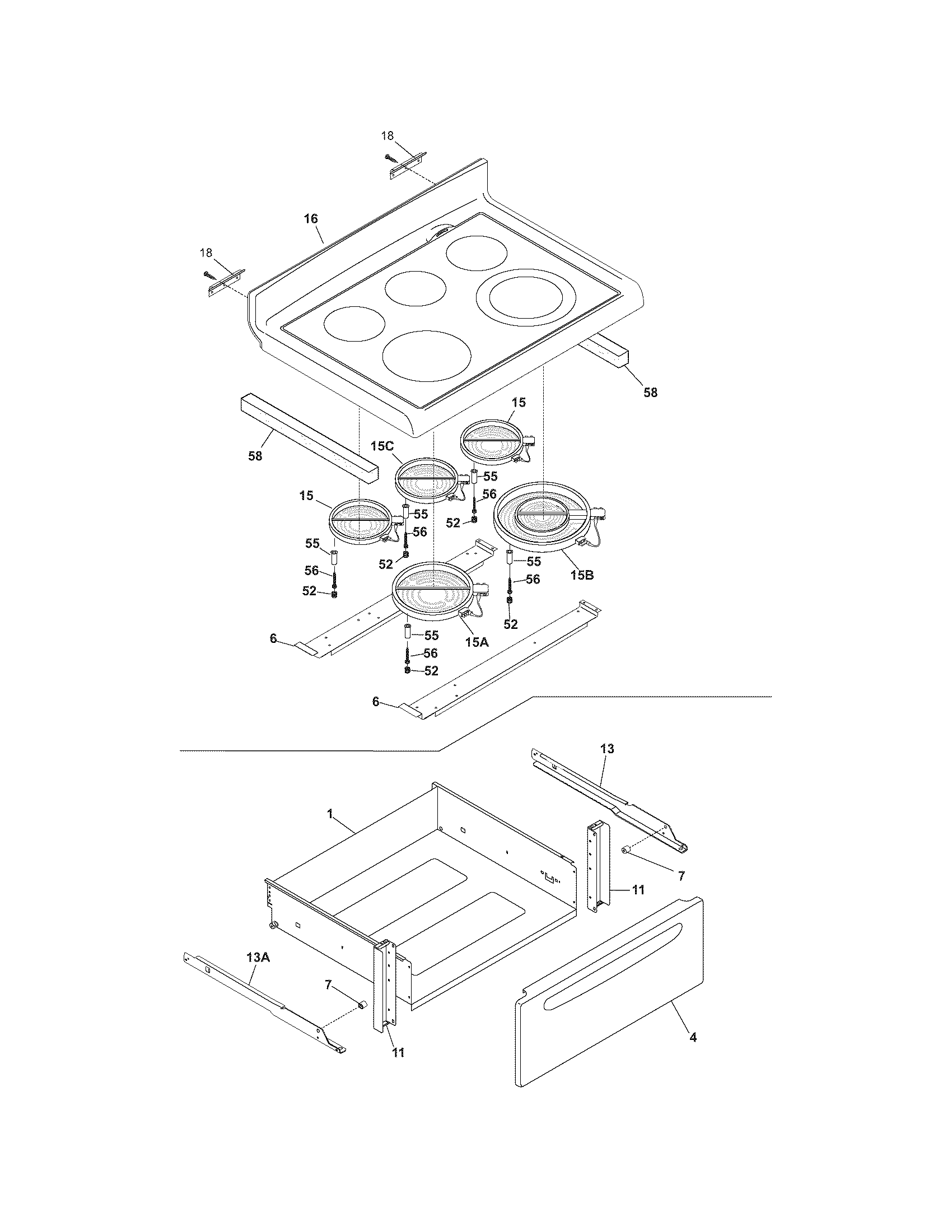 Crosley BES384EB1 top/drawer diagram