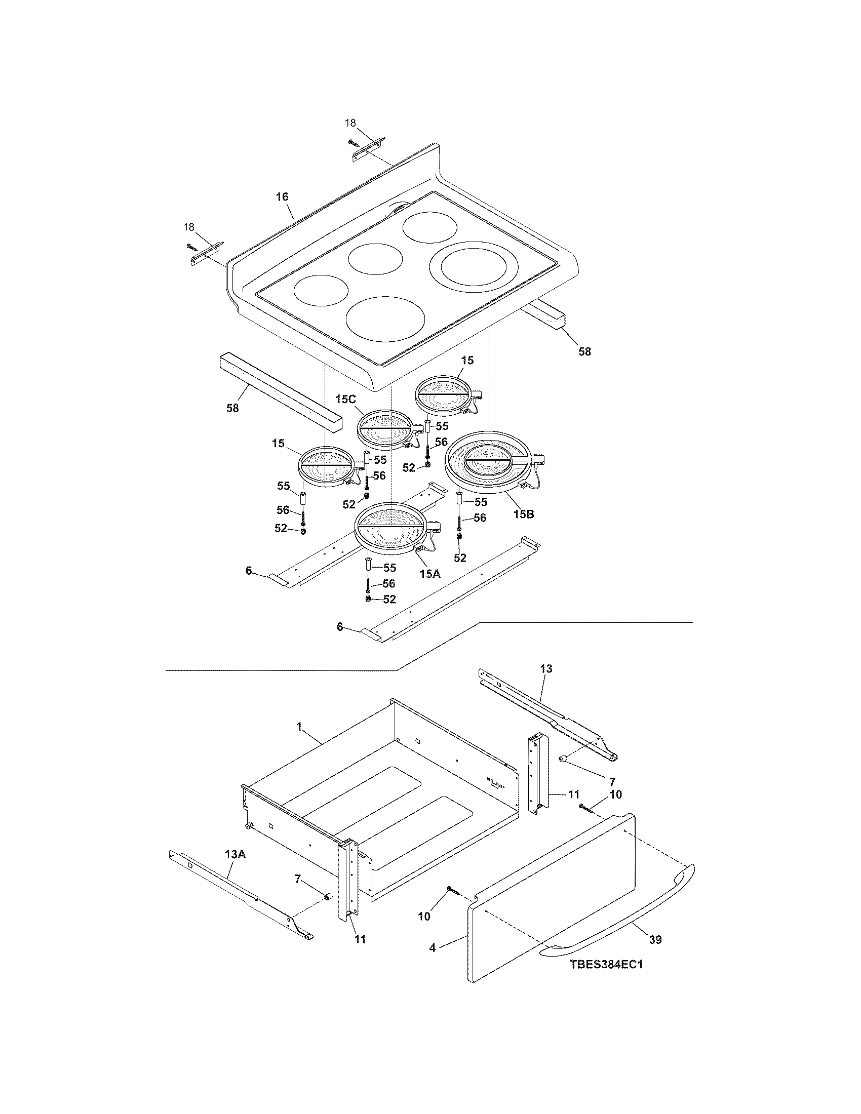 Crosley BES384EC1 top/drawer diagram