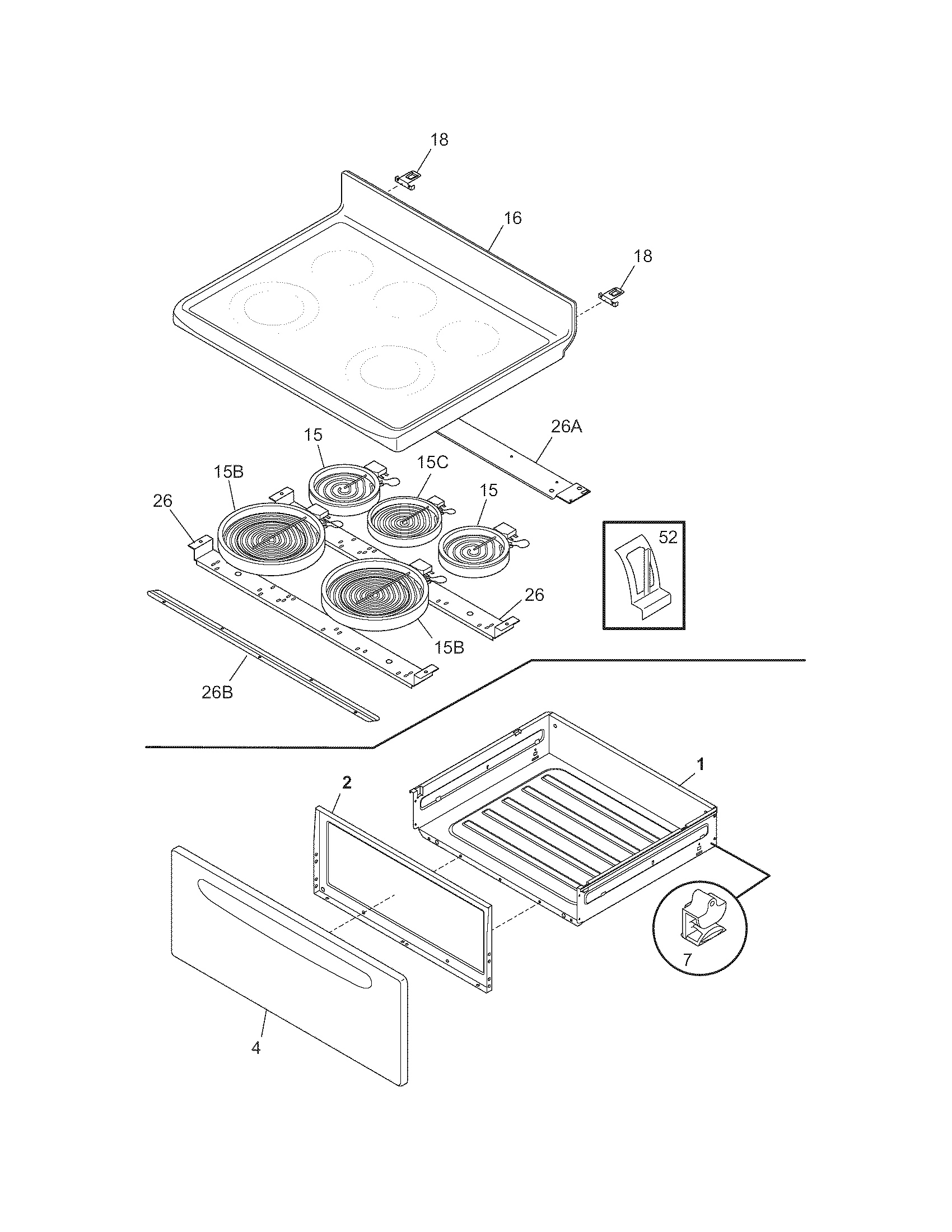 Frigidaire CGLEF379DBG top/drawer diagram