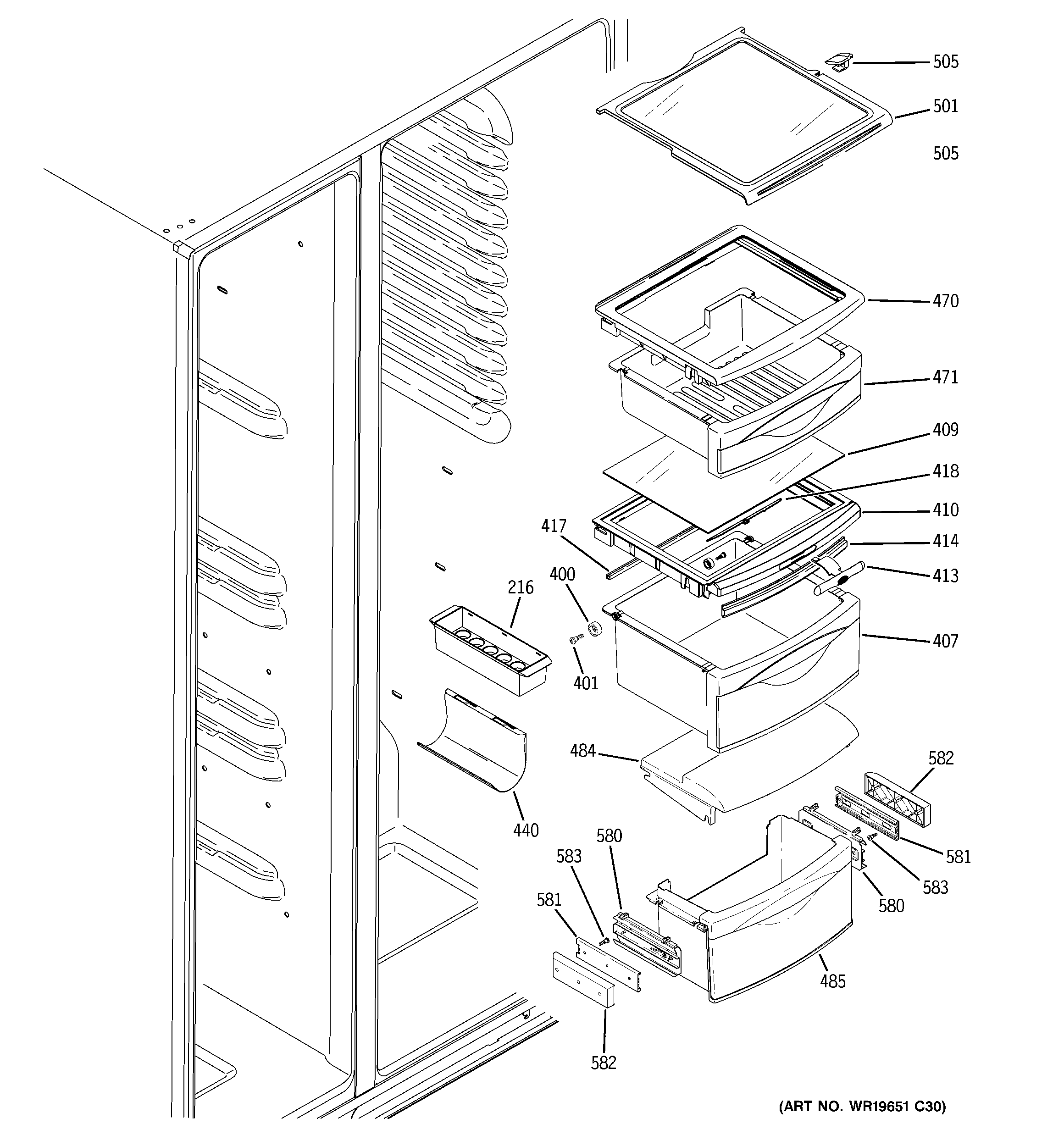 RCA RSK25LCSACCC fresh food shelves diagram