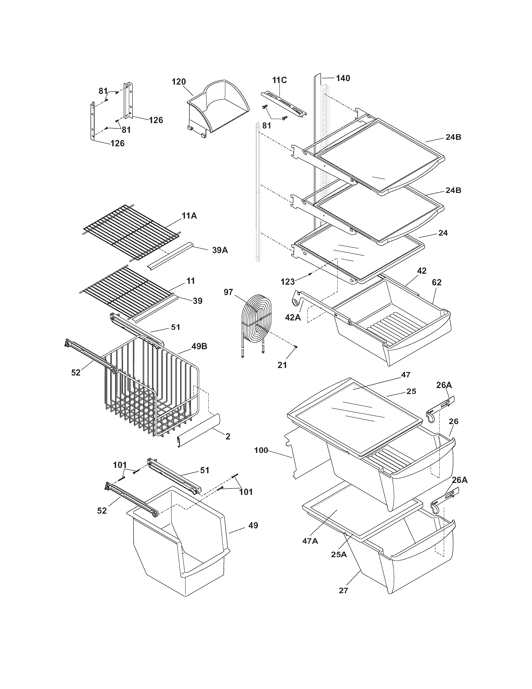 Frigidaire FRS6LF7FW0 shelves diagram