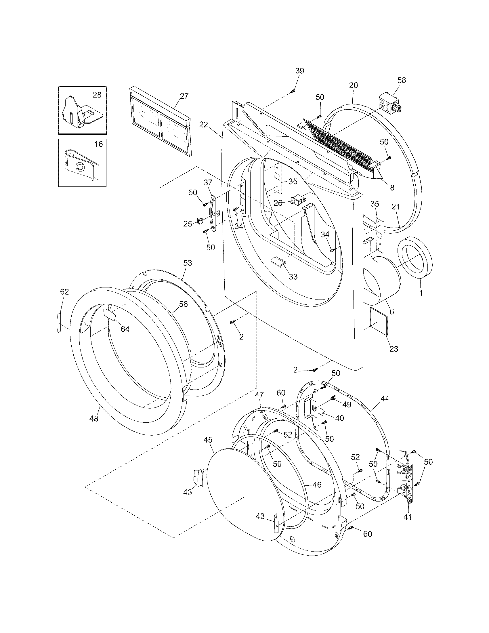 Frigidaire LGQ6000ES0 front panel/lint filter diagram