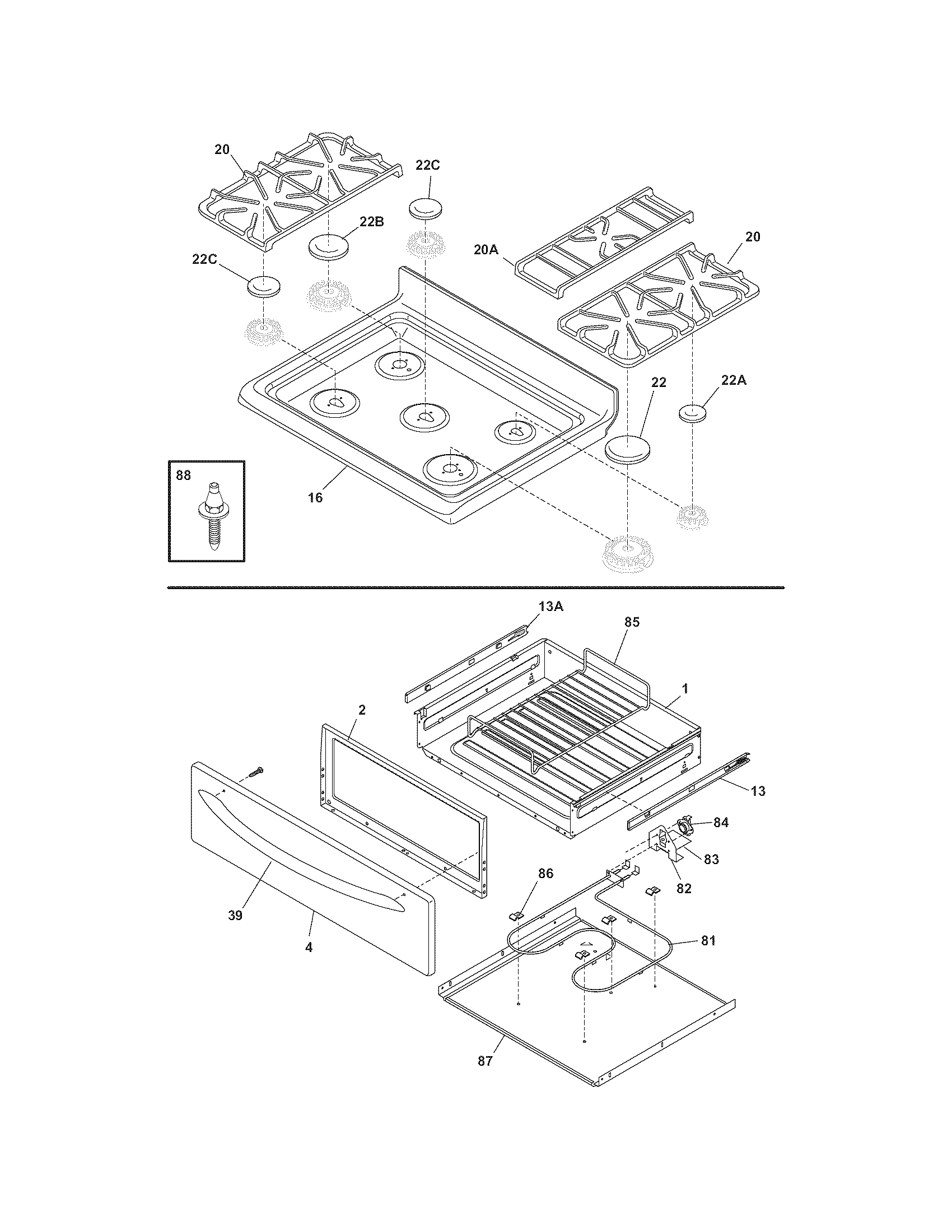 Frigidaire PLGF390DCG top/drawer diagram
