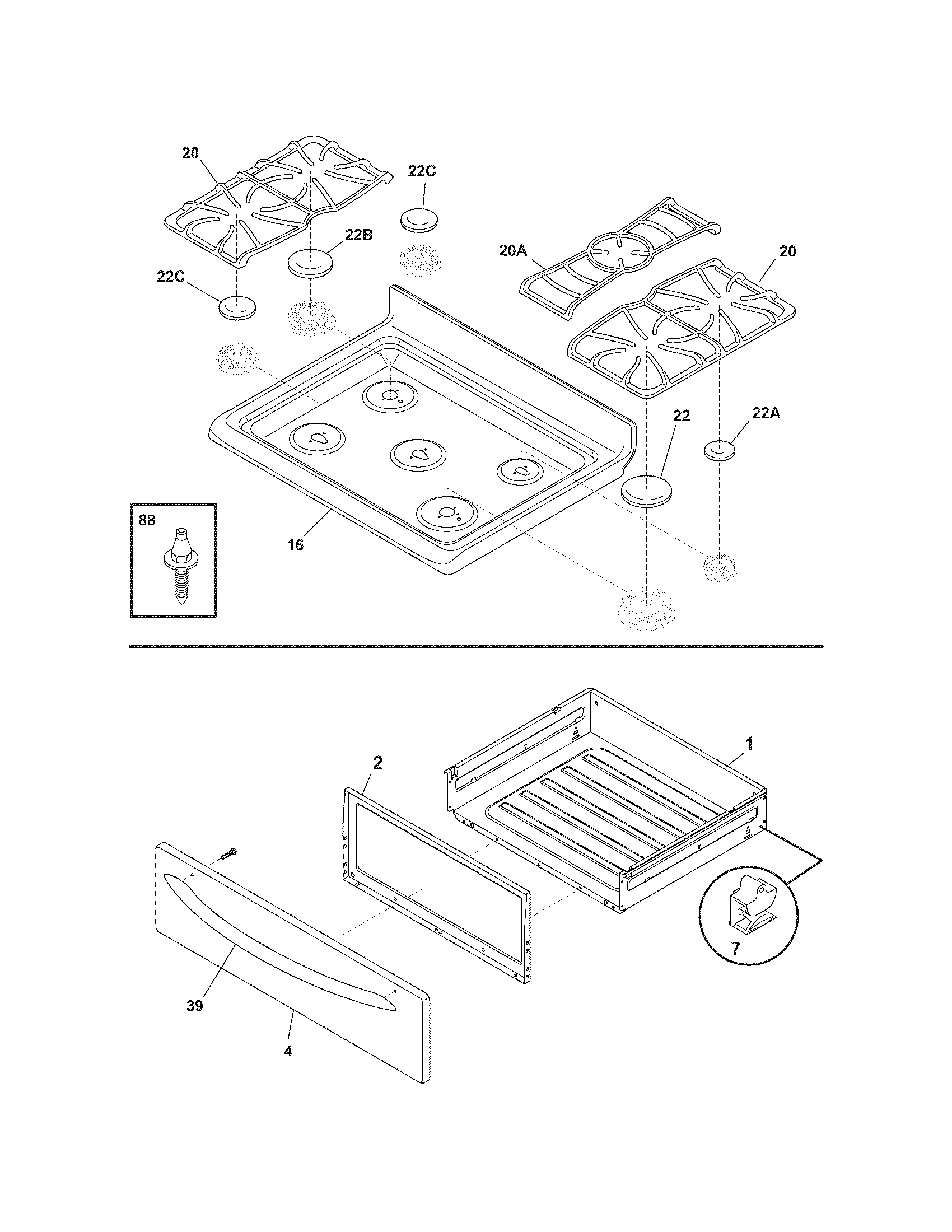 Frigidaire GLGFS86DCF top/drawer diagram