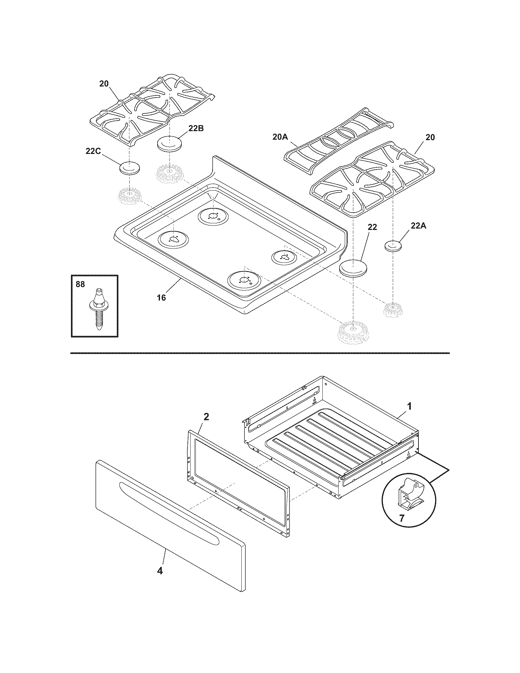 Frigidaire CGLGF382DSF top/drawer diagram