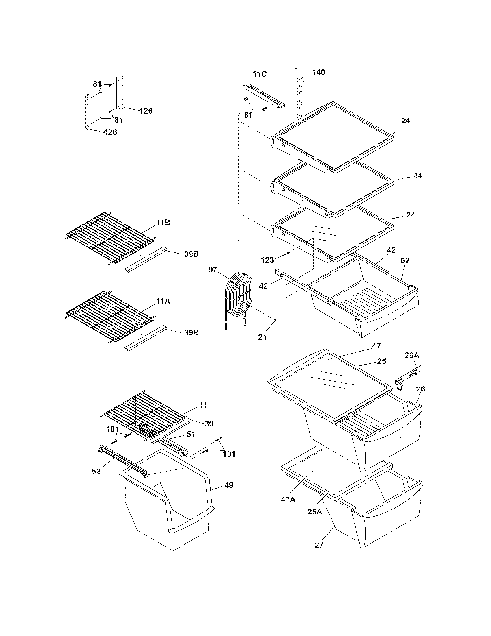 Frigidaire FRS26KF6EW3 shelves diagram