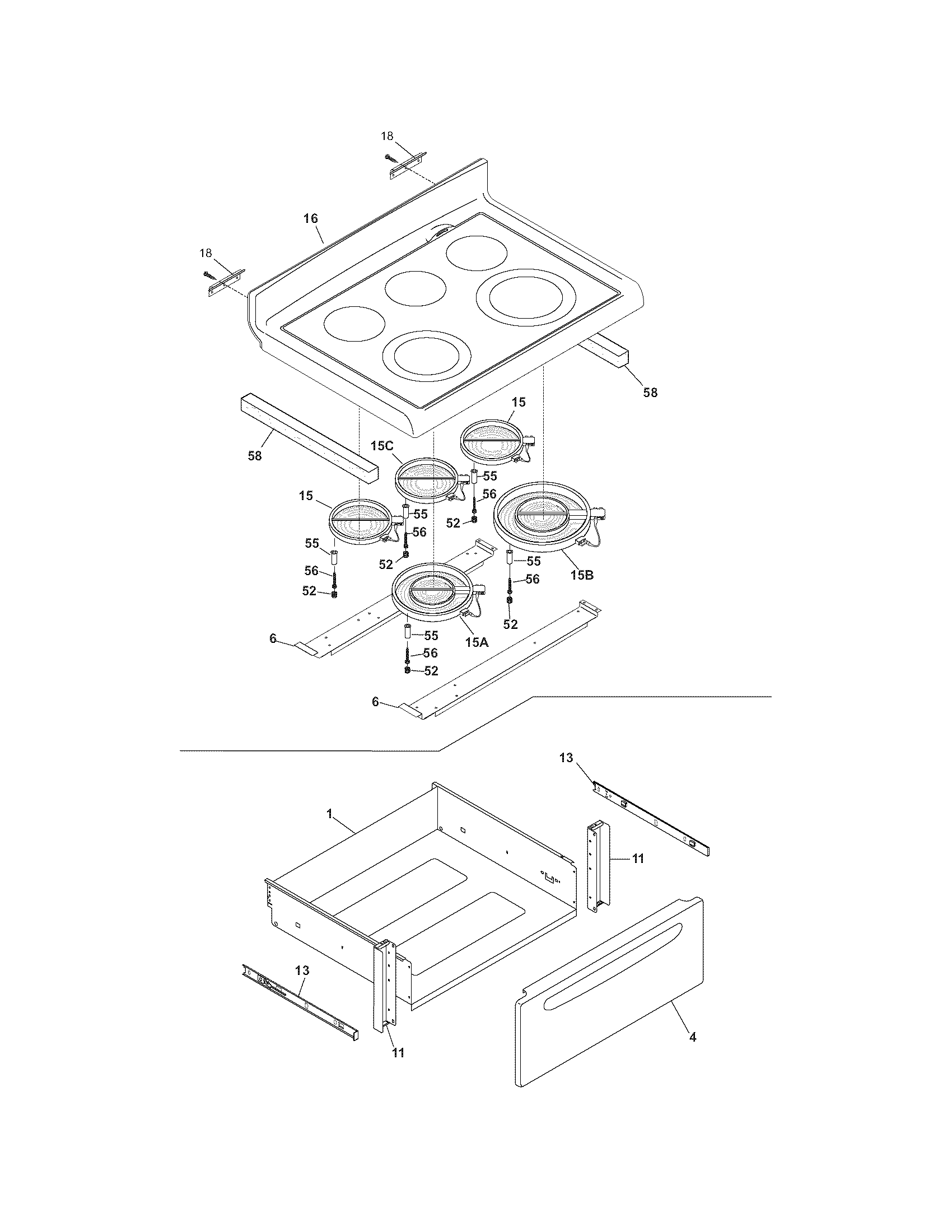 Frigidaire PGLEF385EB3 top/drawer diagram