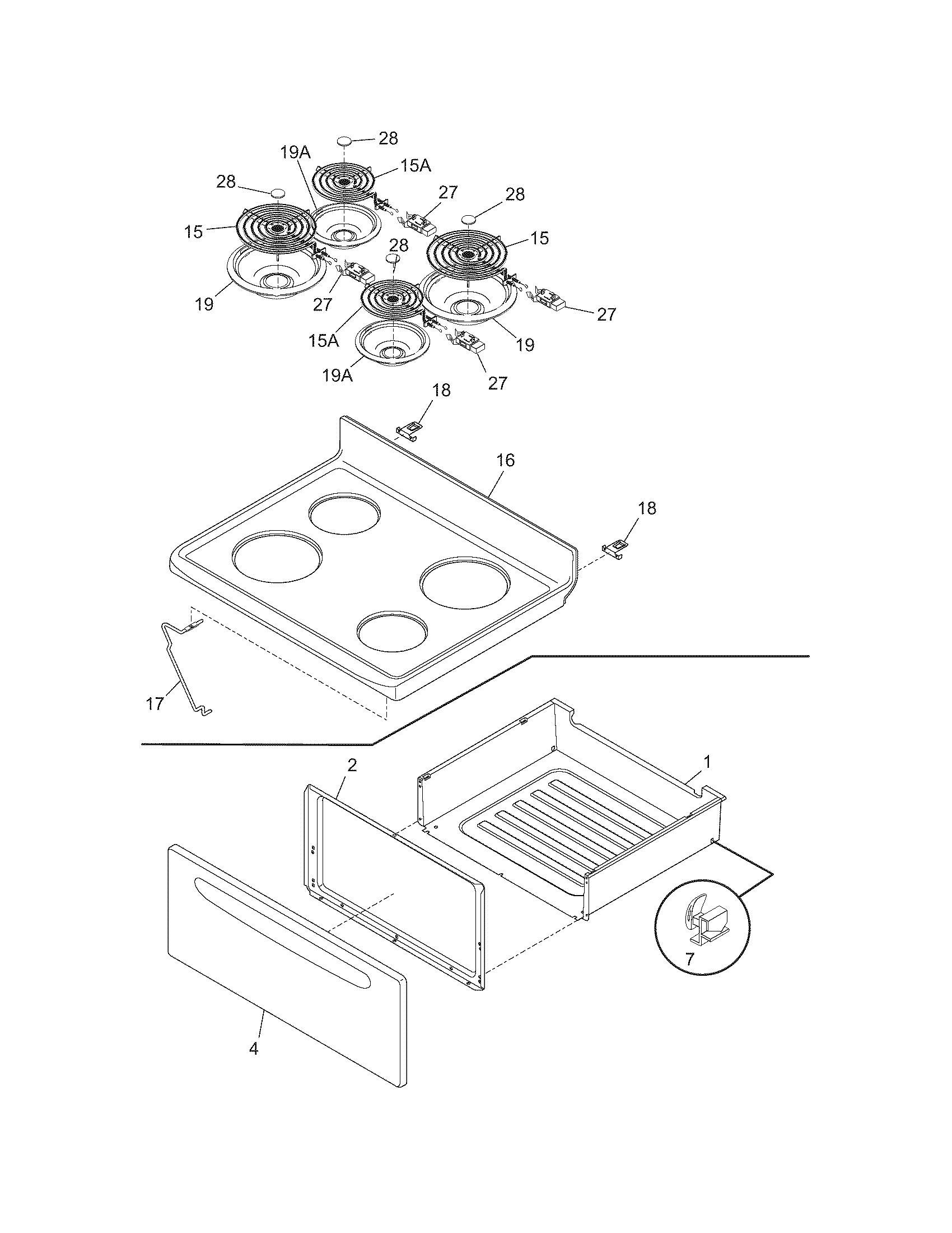 Frigidaire CFEF311FSA top/drawer diagram