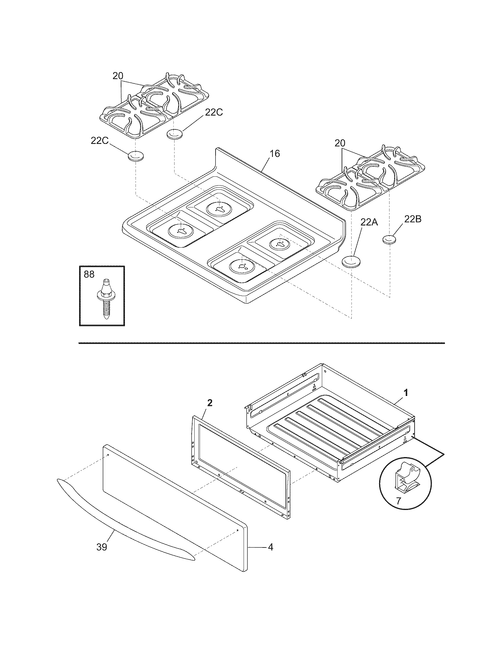 Frigidaire FGFL79FCA top/drawer diagram