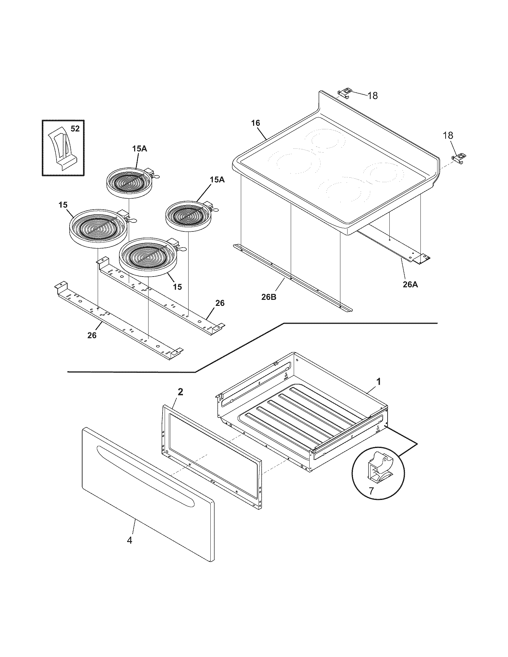 Frigidaire GLEF388GBA top/drawer diagram