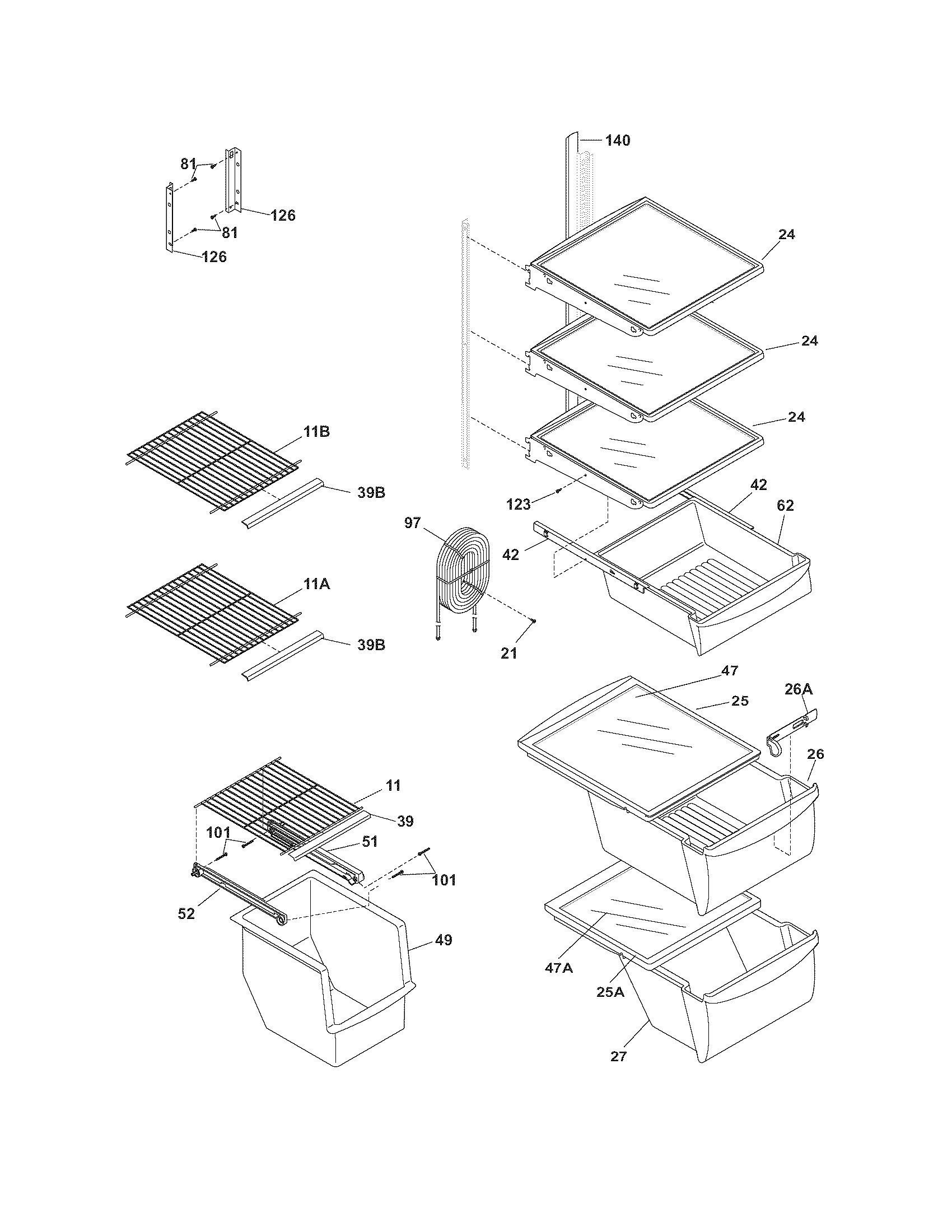 Frigidaire FRS6R4EBB shelves diagram