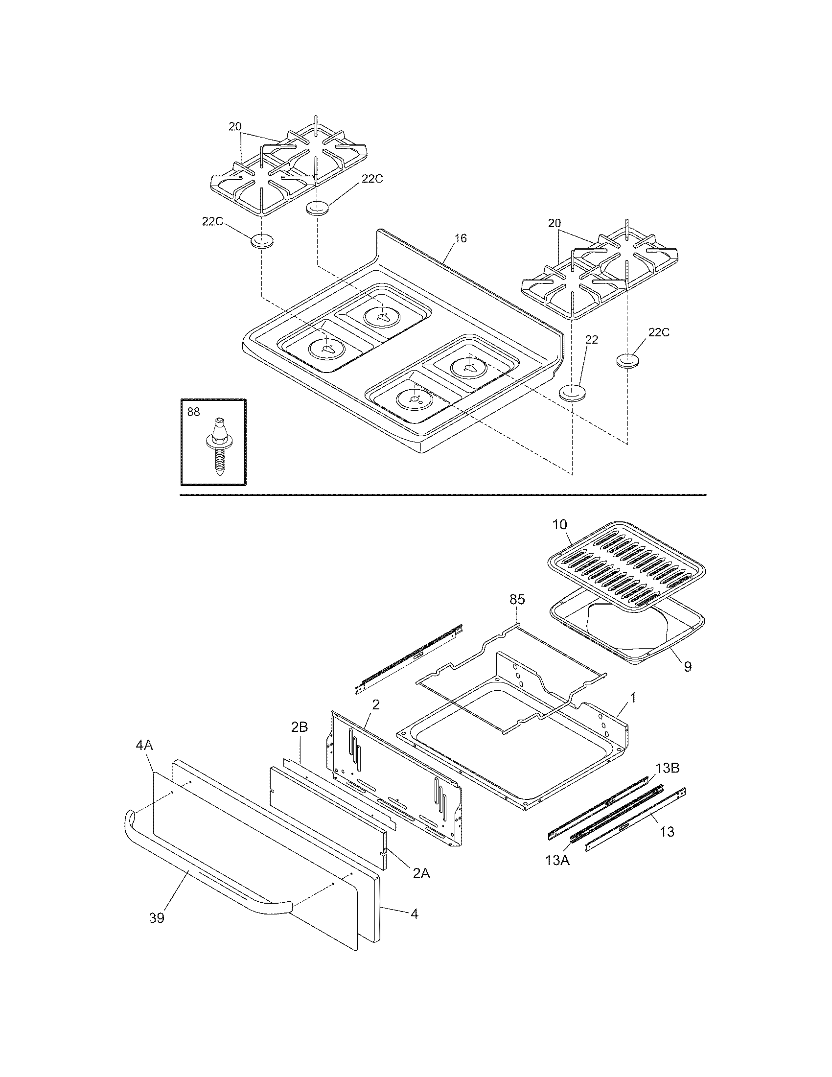 Frigidaire FGF328FMB top/drawer diagram