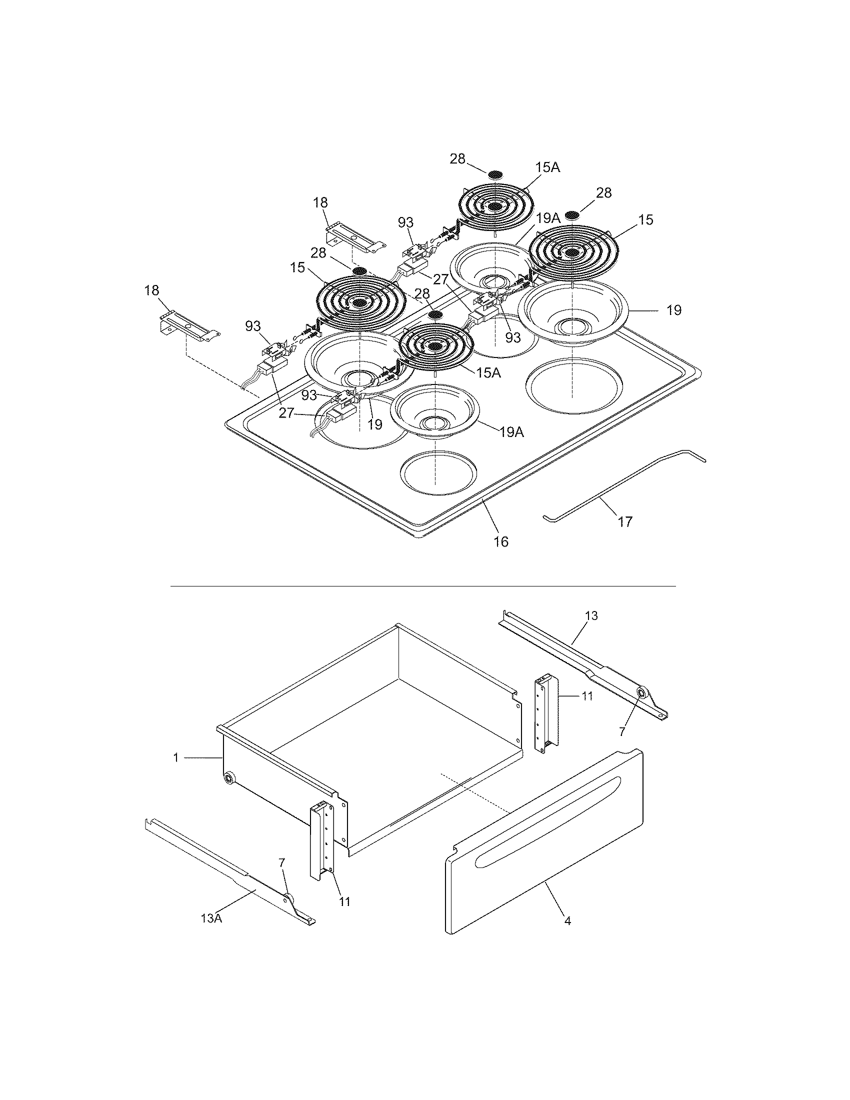 Frigidaire FES300ESC top/drawer diagram