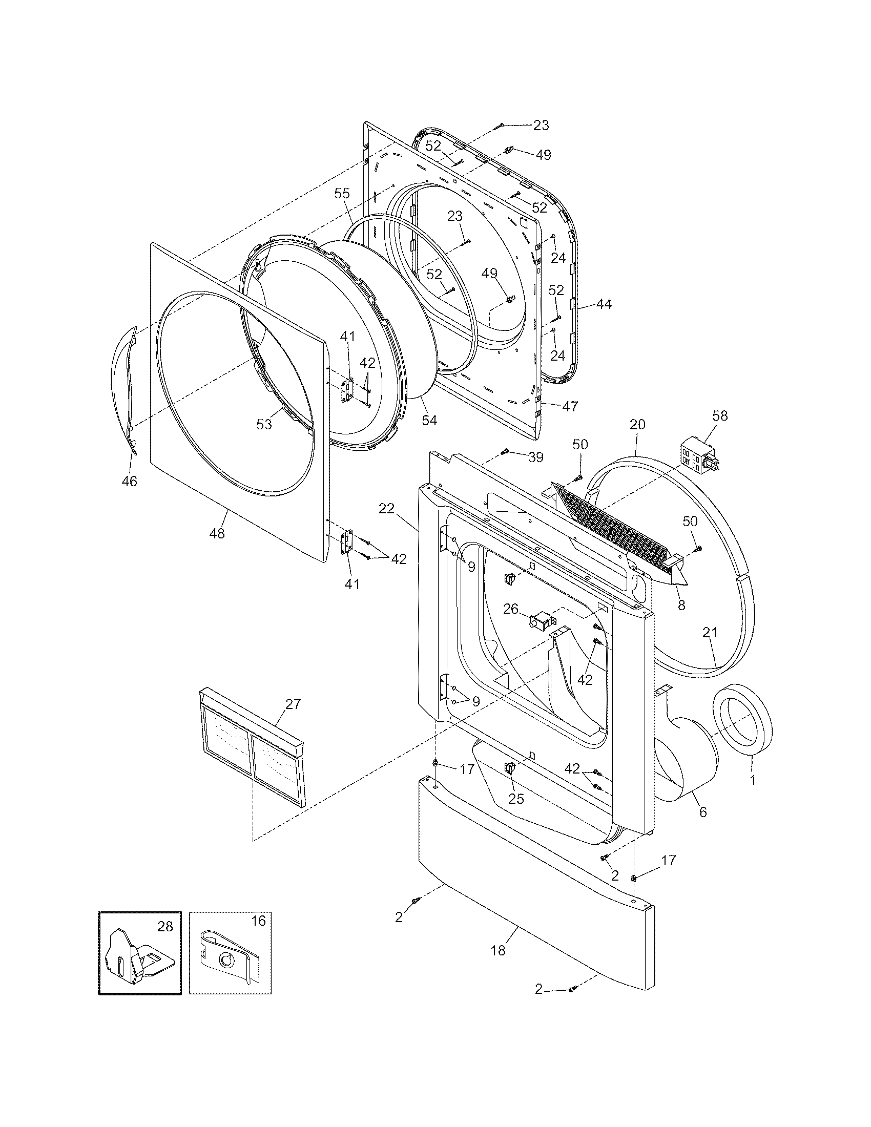 Frigidaire LEQ2152EE0 front panel/lint filter diagram