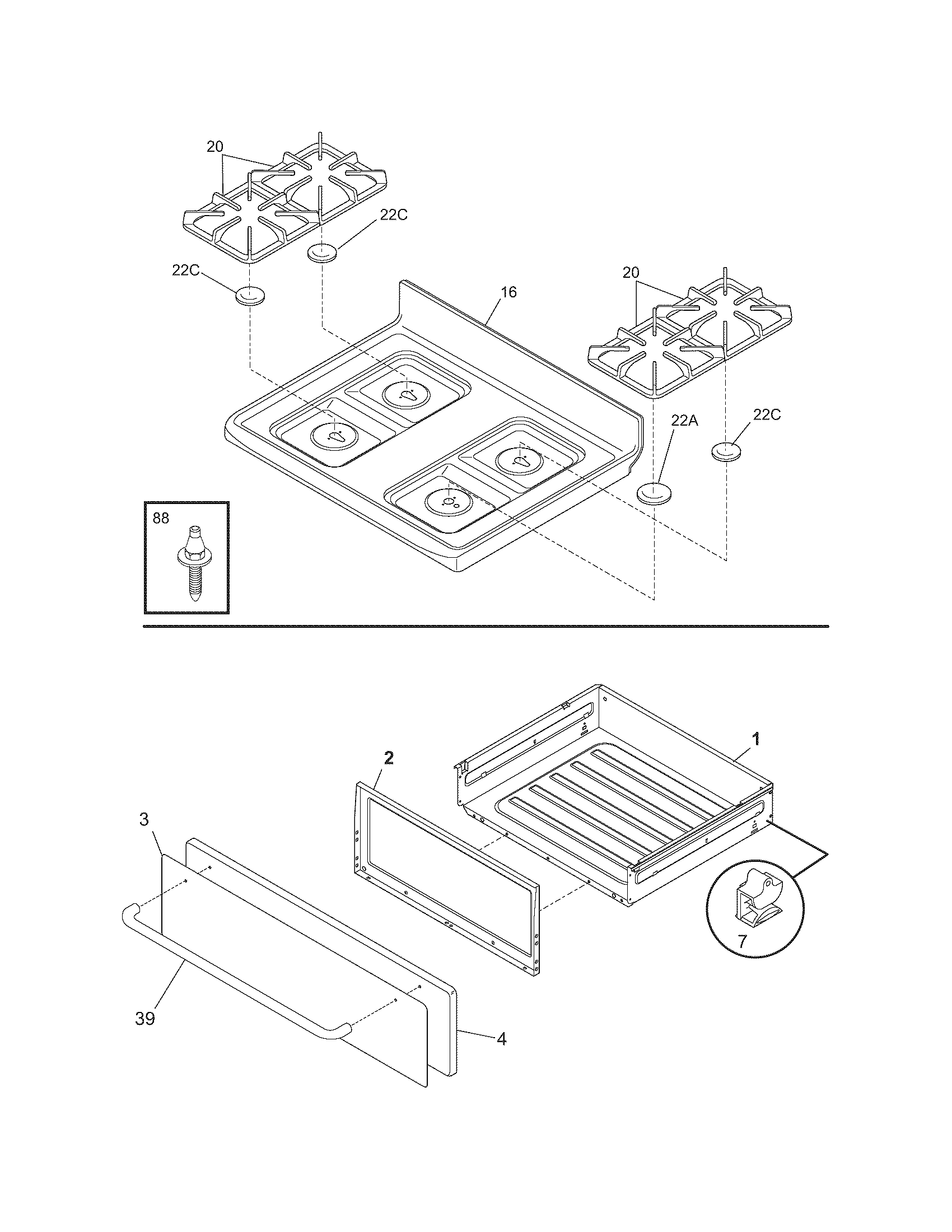 Frigidaire FGF365MXFCA top/drawer diagram