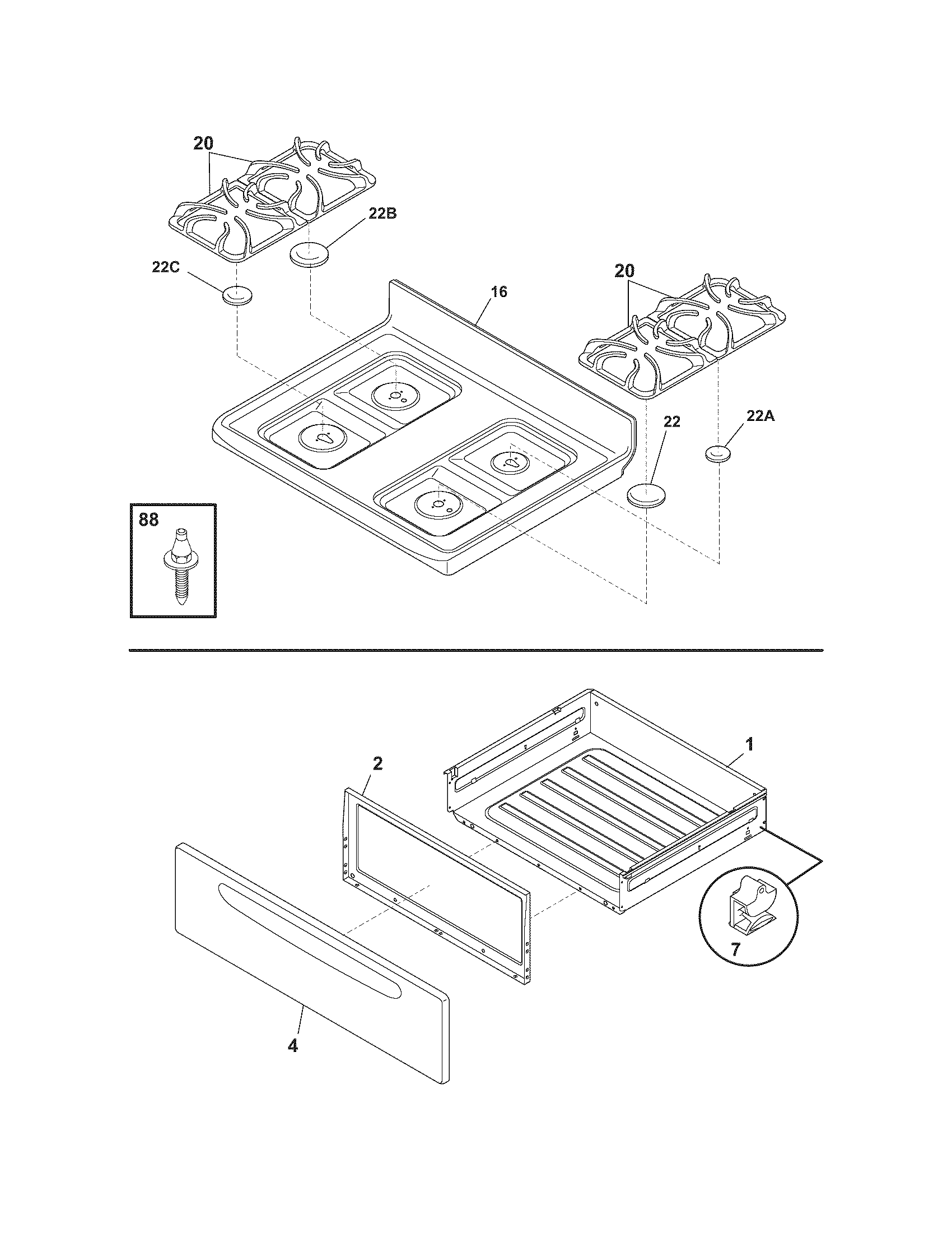 Frigidaire GLGFS75DSH top/drawer diagram