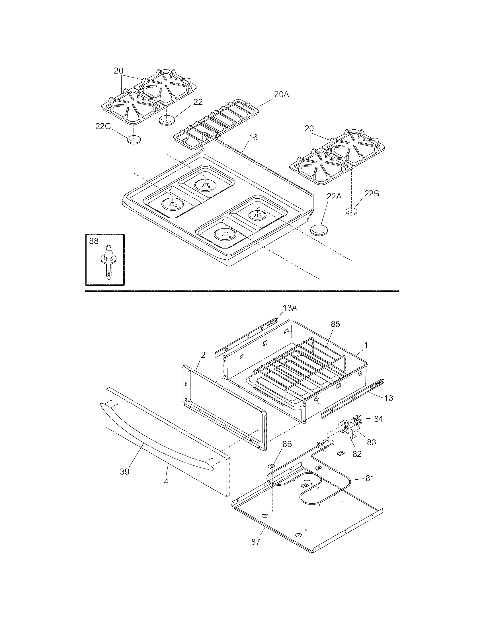 Frigidaire PLGFZ390ECF top/drawer diagram
