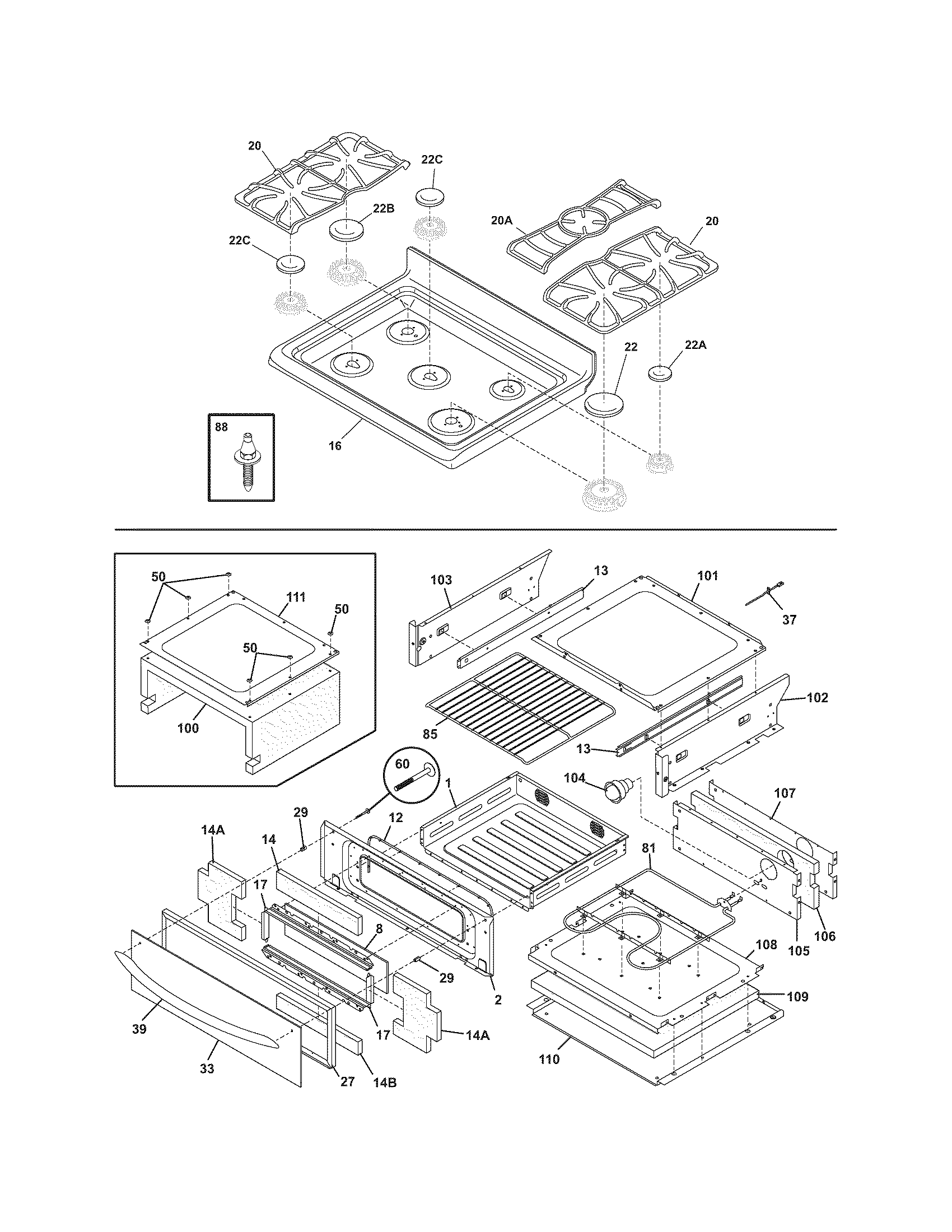 Frigidaire GLGFM96FPWB top/drawer diagram