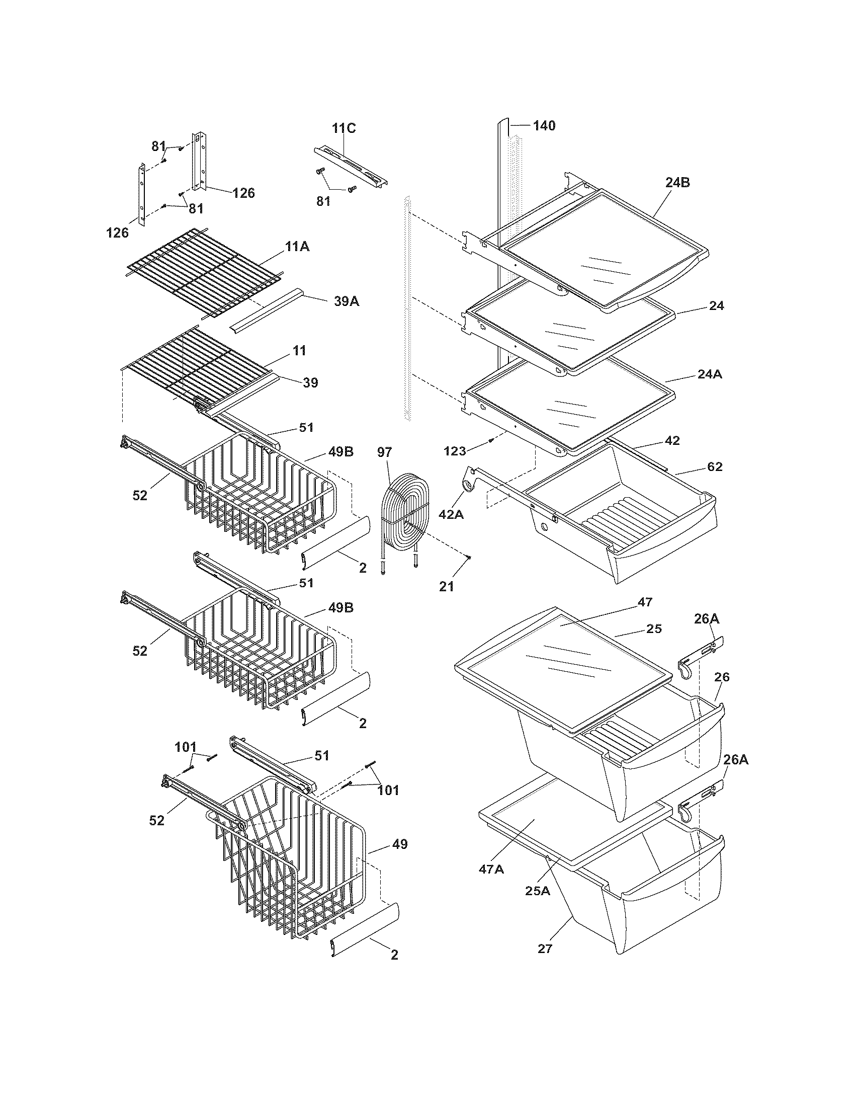 White-Westinghouse WRS26MF5AWK shelves diagram