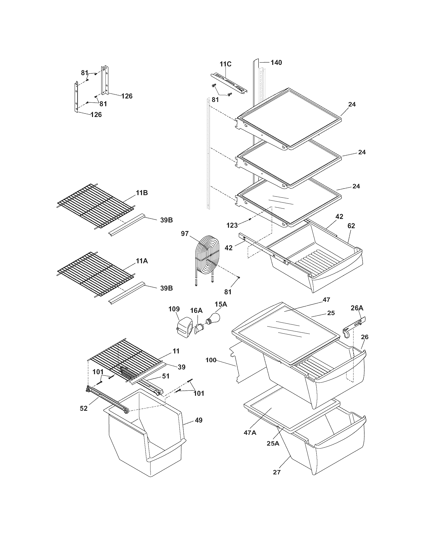 Frigidaire GLRS64ZEQA shelves diagram